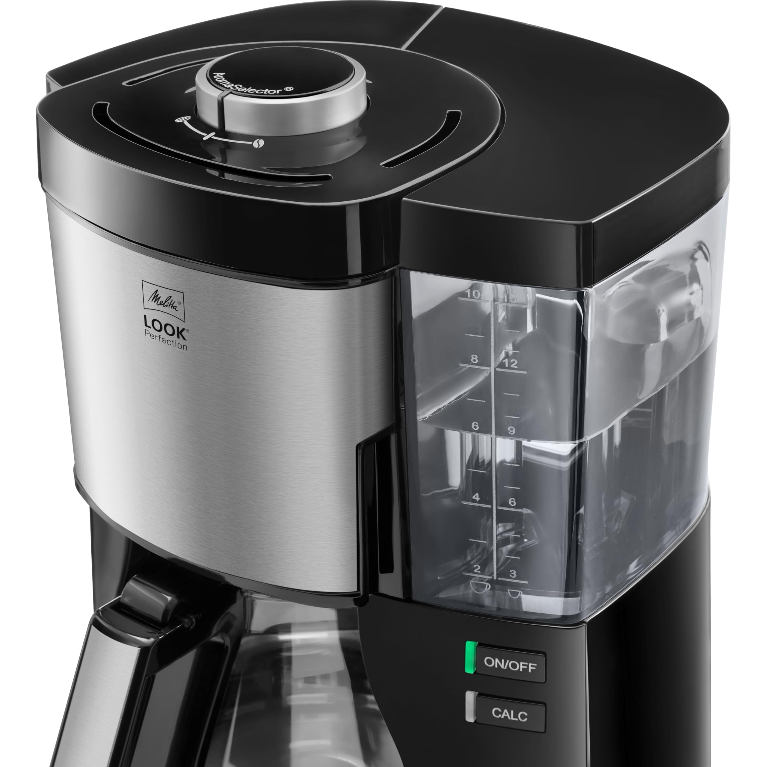 Melitta Look Perfection – Filterkaffeemaschine mit Glaskanne und entnehmbarem Wassertank, für bis zu 10 Tassen, in Schwarz/Edelstahl