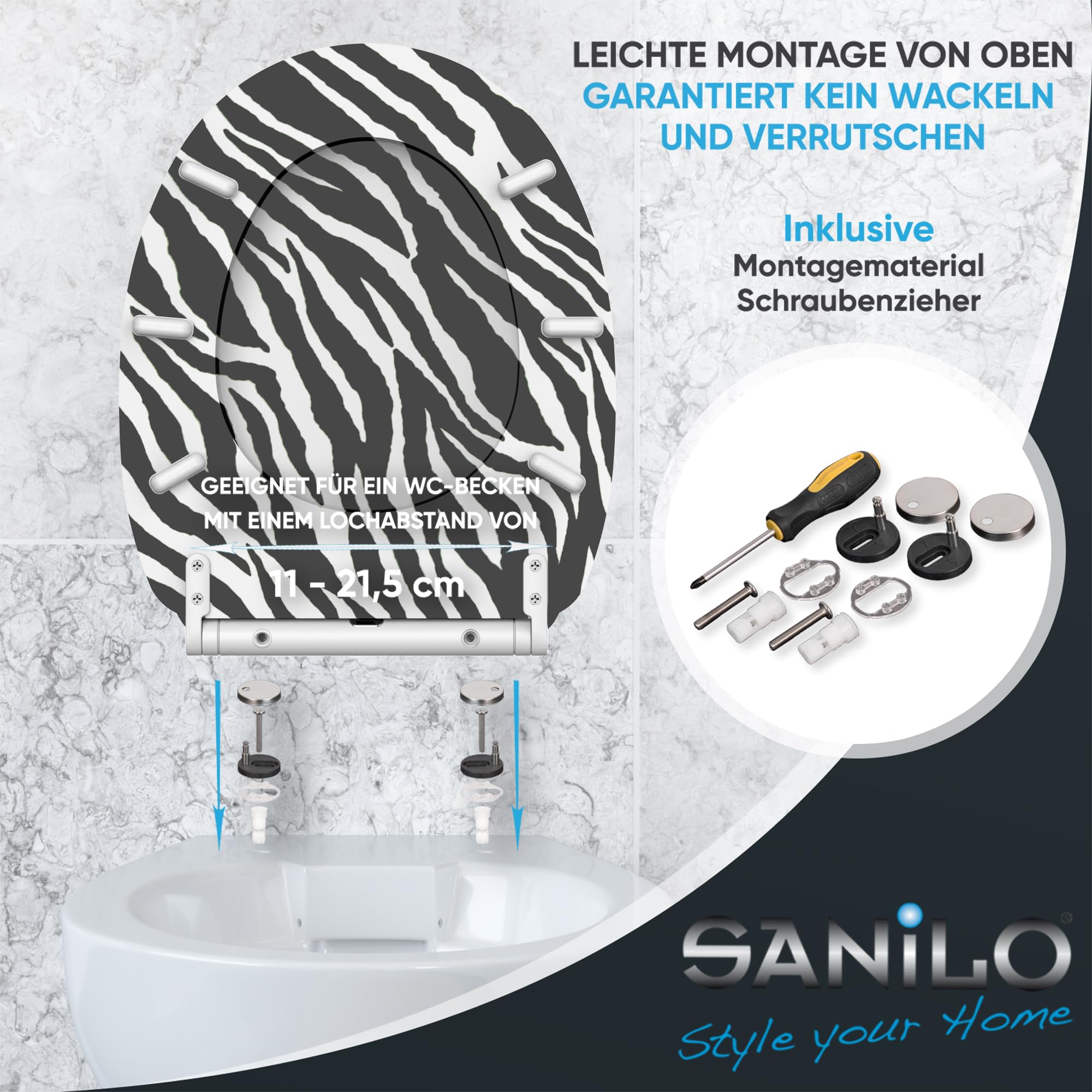 Sanilo WC Sitz mit Absenkautomatik & Quick-Release aus Holz, Zebra