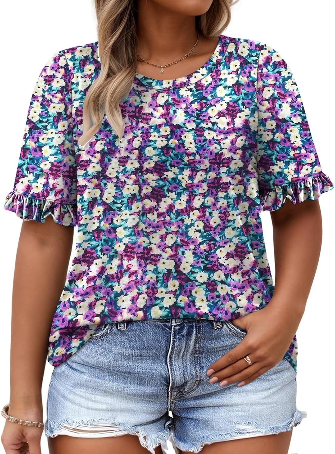 VISLILY Womens-Plus-Size-Summer-Tops Cute Ruffle Short Sleeve T Shirts Casual Crewneck Tunics Loose Blouses Tee XL-5XL