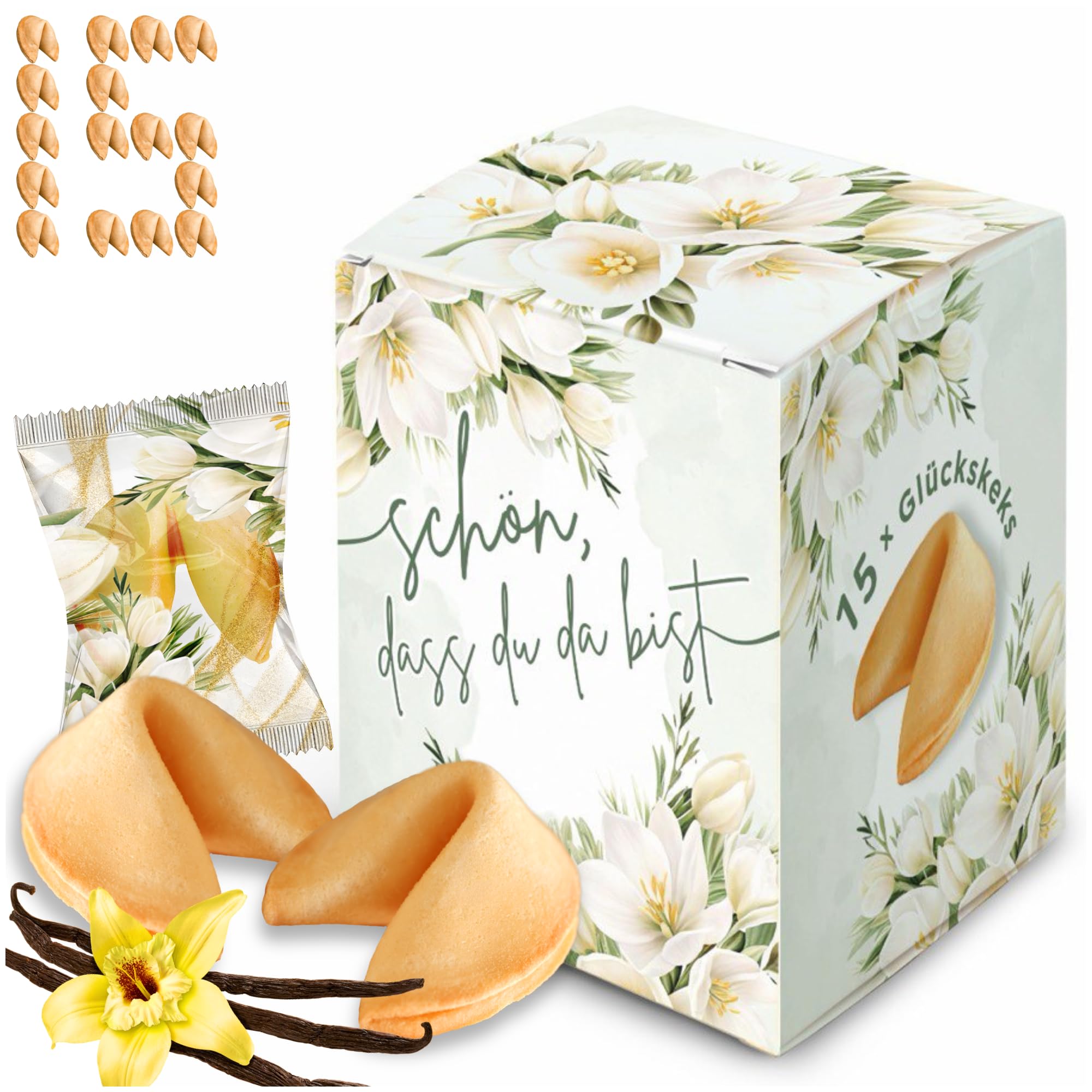 Glückskekse Hochzeit - Schön, dass du da bist - Gastgeschenk mit Kompliment | Passendes Gastgeschenk für Hochzeitsgäste, Kommunion, Taufe und Konfirmation - vegetarische Tischdeko für festliche Anlässe