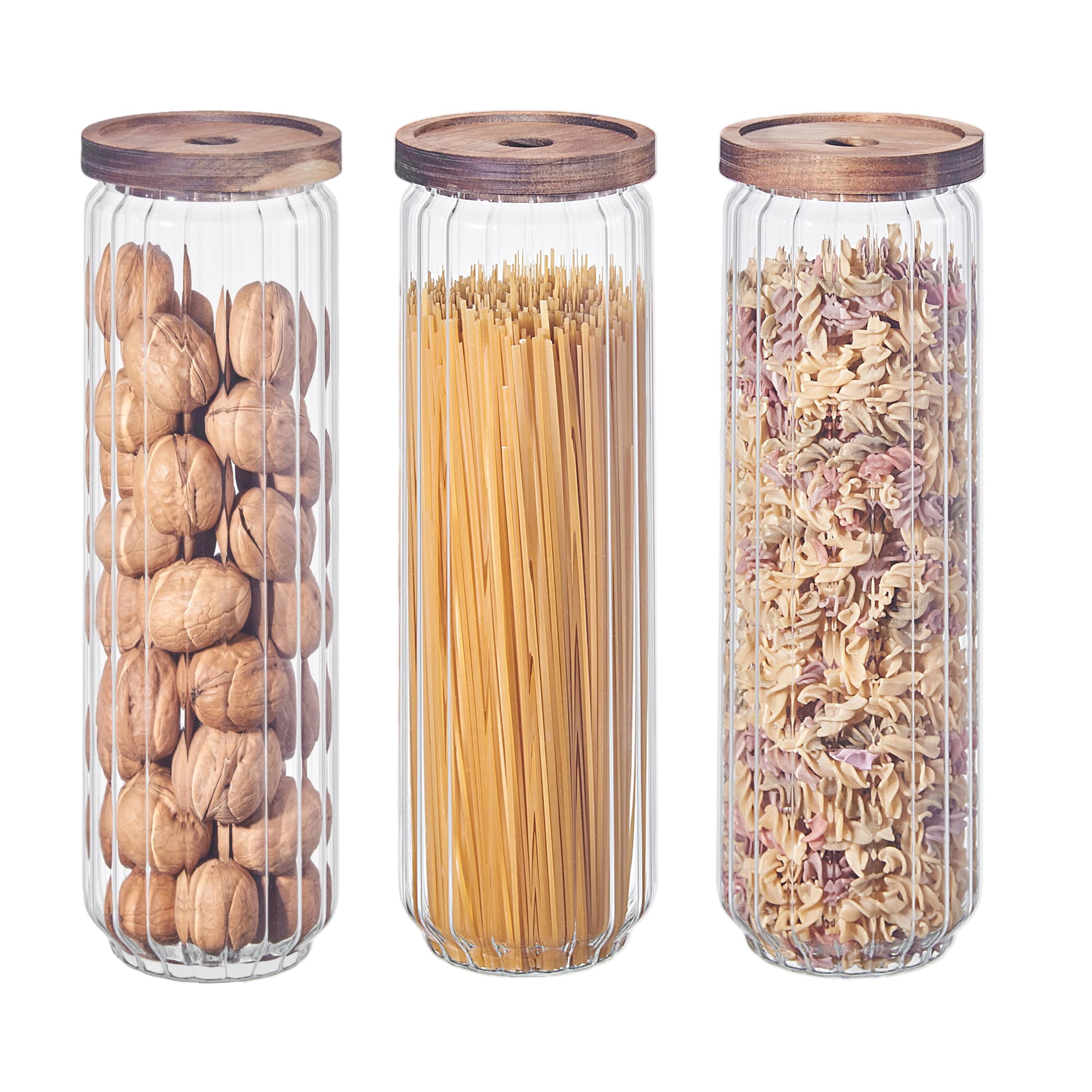 Eden & Willow Transparent Ribbed Airtight Glass Kitchen Storage Jar With Acacia Wooden Lid - Pantry Organisation Canisters For Coffee, Tea, Sugar, Flour, Pasta, Spices, Grains, Oats (3, 1500Ml)