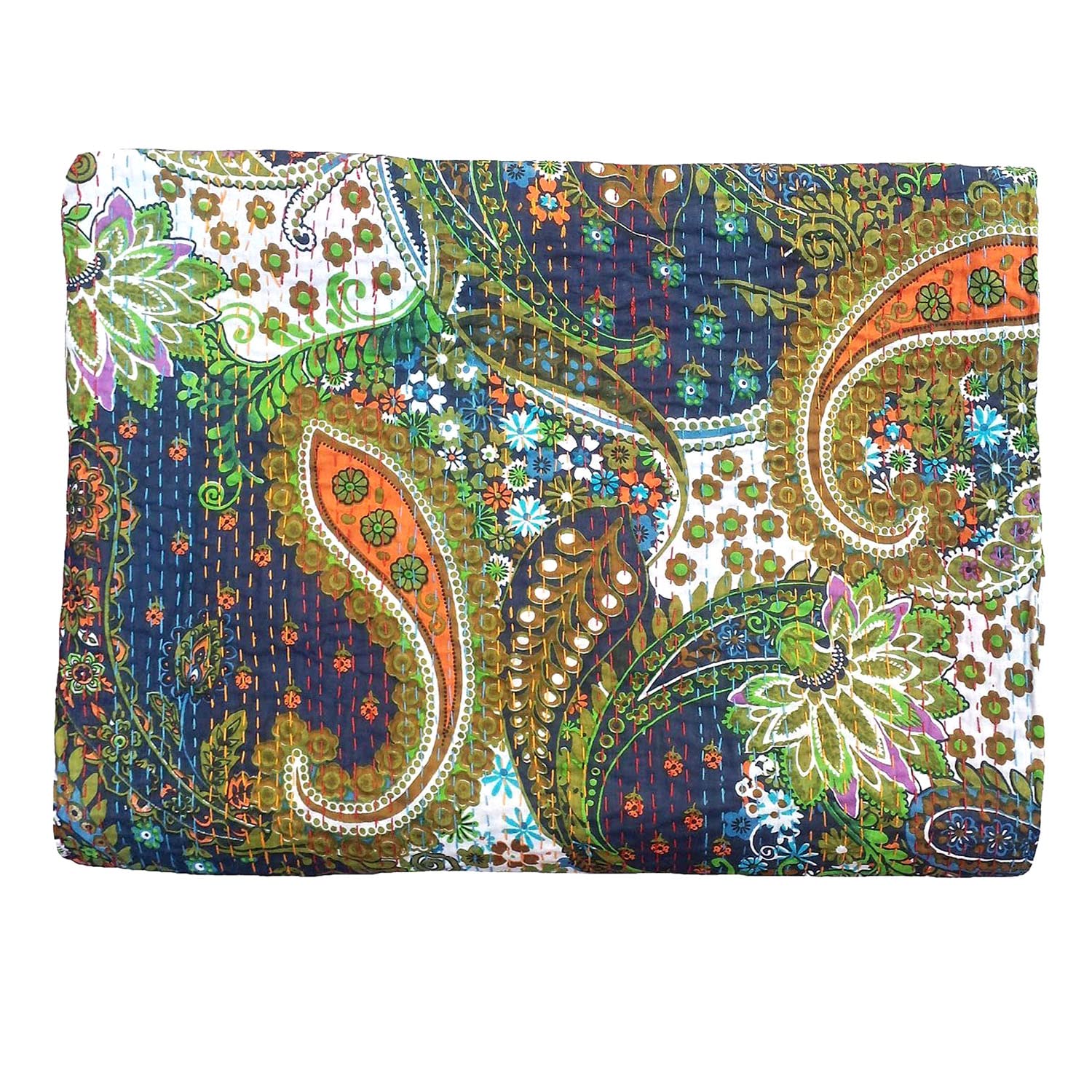 Couvre-lit Kantha vintage bleu bohème pour lit simple 152x228 cm