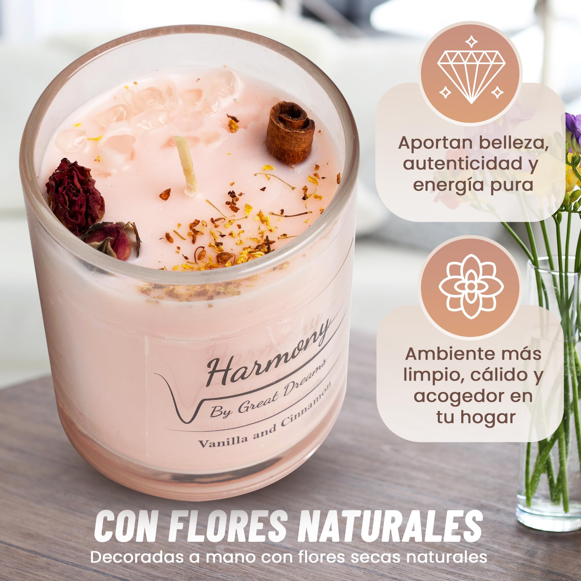 GreatDreams® Set Velas Aromáticas con Piedras Naturales - Velas Decorativas Sin Parafinas Hechas a Mano - Regalo Vela Perfumada para Mujer