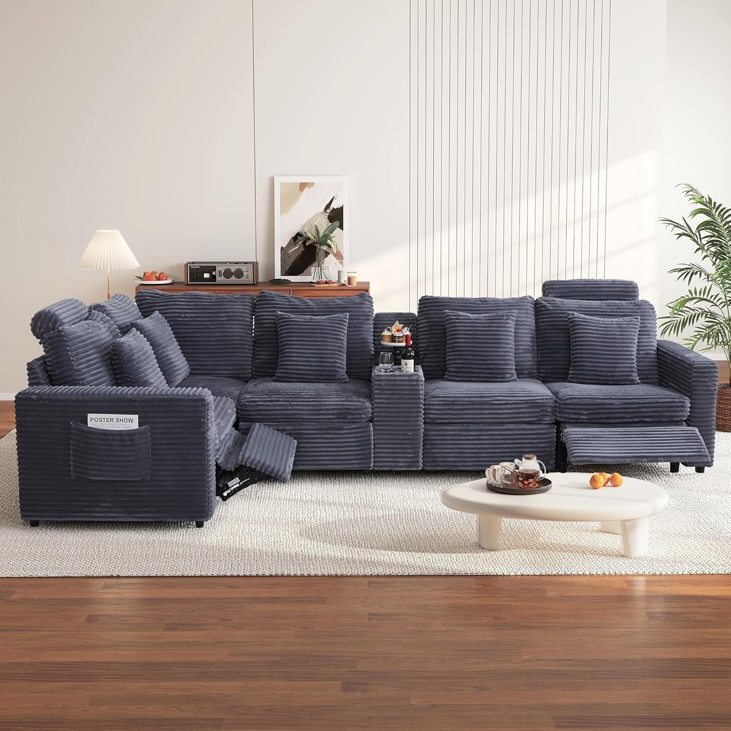RARZOE Oversized Modular Sectional Sofa with 2 Power Recliner, 5-Seater L-Shaped Corduroy Reclining Couch with Storage Console Charging Cup Holders, Fluffy Reclining Couches for Living Room,Grey 5-seater With 2 Recliner & Console, L-shaped, Grey