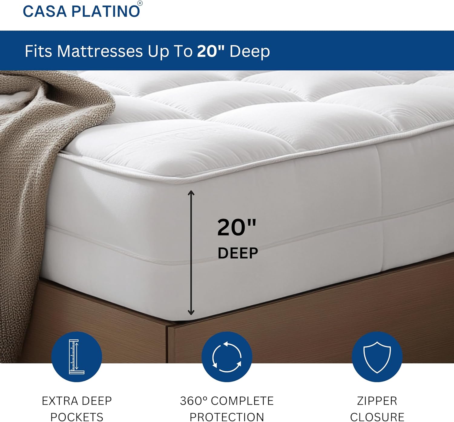 Casa Platino California King Size Mattress Topper, Protector & Encasement with Zipper, Deep Pocket Cal King Mattress Protector fits up to 20" Mattress Leak Proof
