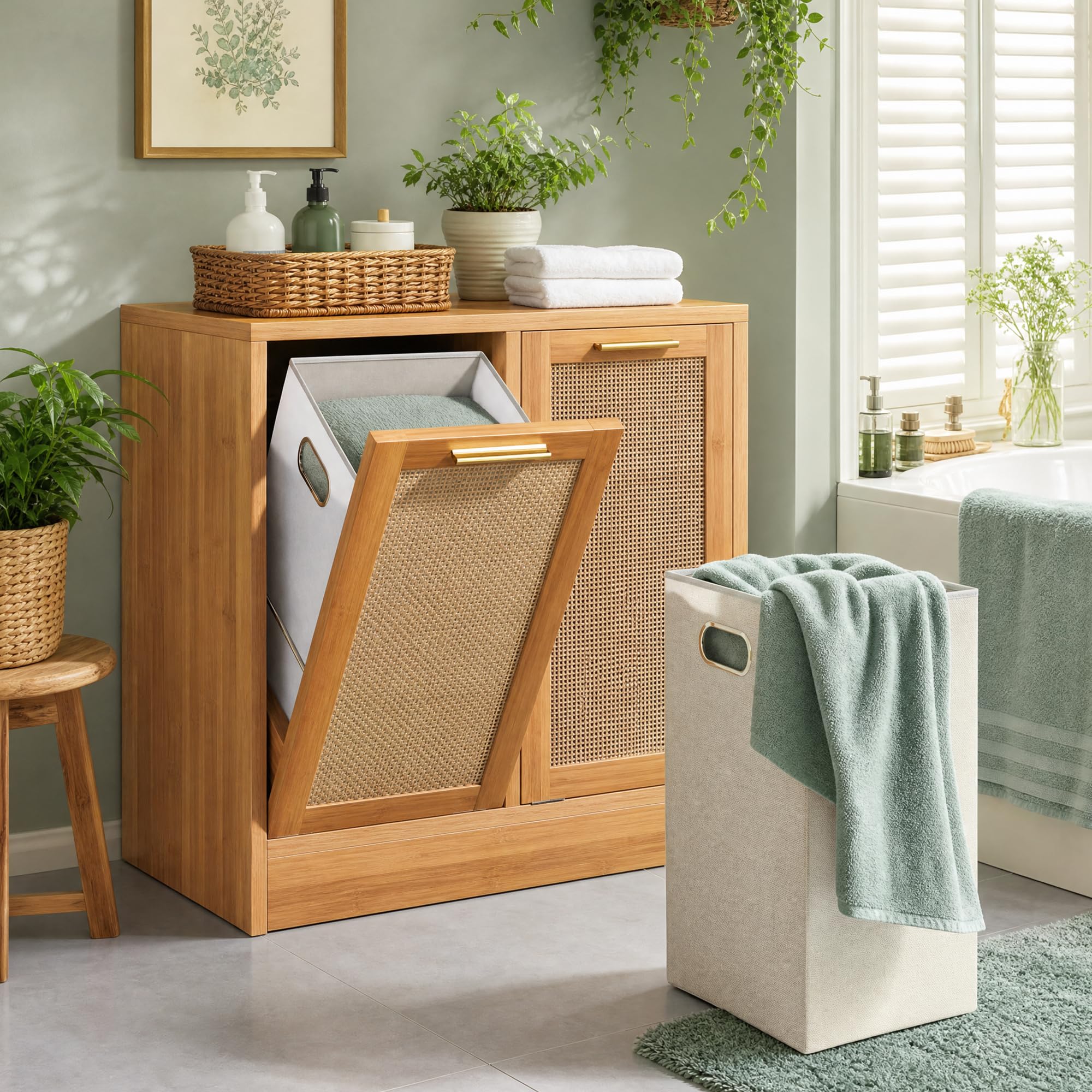 Armoire de salle de bain avec paniers à linge, panier à linge inclinable, armoire de rangement de salle de bain avec design en rotin véritable, 2 paniers à linge amovibles avec poignées, 66 x