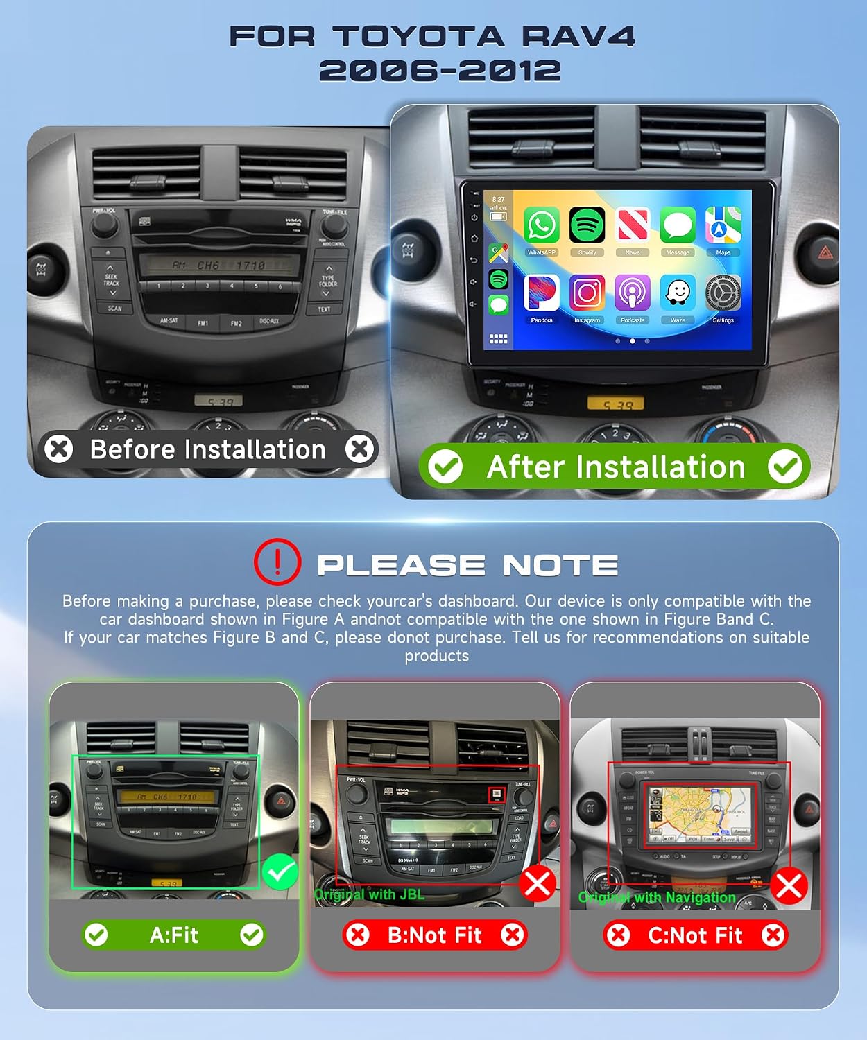 2G+64G Car Radio for Toyota RAV4 2006-2012 Stereo 9 inch HD IPS Touch Screen Android Head Unit Built-in DSP Wireless CarPlay Android Auto Bluetooth GPS WiFi DVR SWC Backup Camera