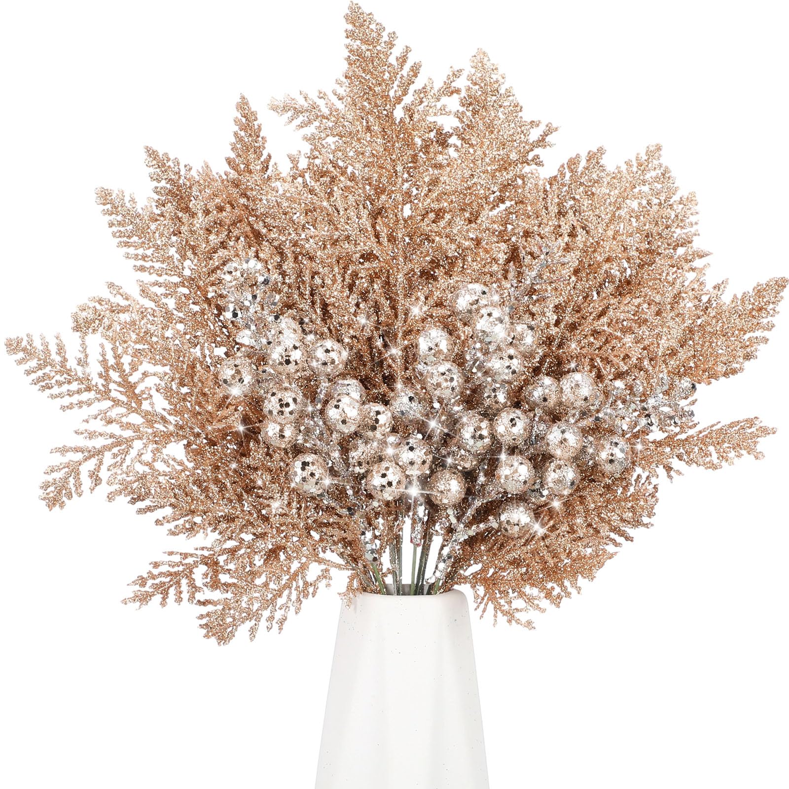 Cindeer 80 Stück Champagner Gold Weihnachten Glitzer Beeren Stiele Tannennadeln Weihnachten Künstliche Picks Fake Floral Zweige Spray für Weihnachtsbaum Ornamente DIY Kranz Girlande Dekorationen