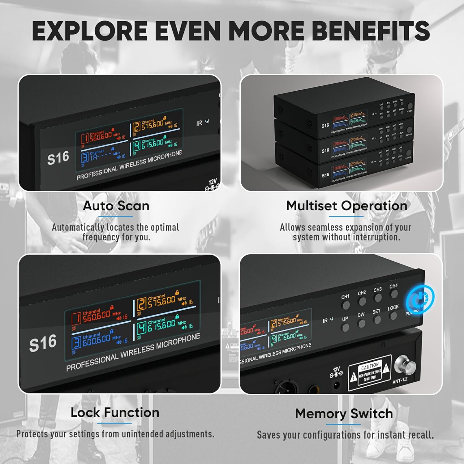 Wireless Microphone System, Pro 4 Channel UHF Mics Set with Metal Cordless Handheld Mics & Receiver, 200 Adjustable Frequency, 300ft Range for Singing, Church, Karaoke, Party - Image 4