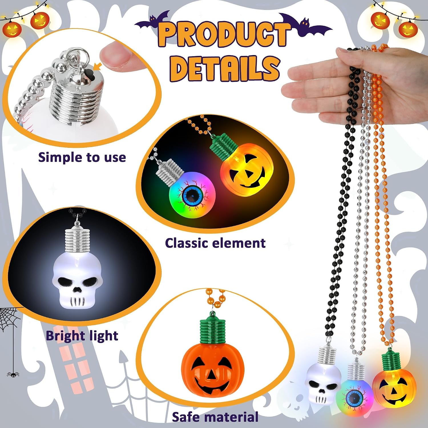 3PCS Halloween Necklace, Glow Party Favors for Trick or Treat Party Decor