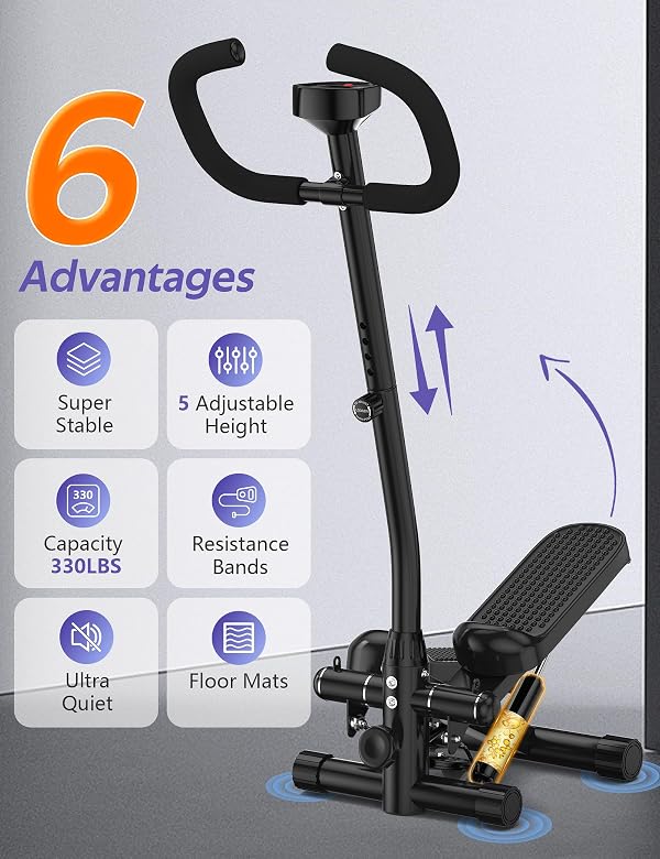 Amicus Mini Stepper with Handlebar for Exercise, Stair Stepper with Resistance Band, Hydraulic Fitness Stepper Machine for Home, 330lbs Weight Capacity, Black by Amicus - Image 2