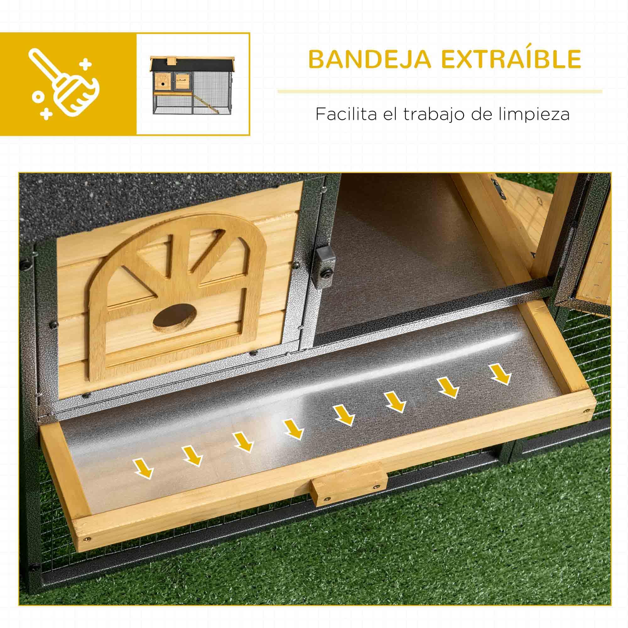 PawHut Conejera de Madera de 2 Niveles Jaula para Conejos con Zona Abierta Techo Asfáltico Bandeja Extraíble Puertas y Rampa Conejera para Exterior 120x55,5x80 cm Natural y Negro
