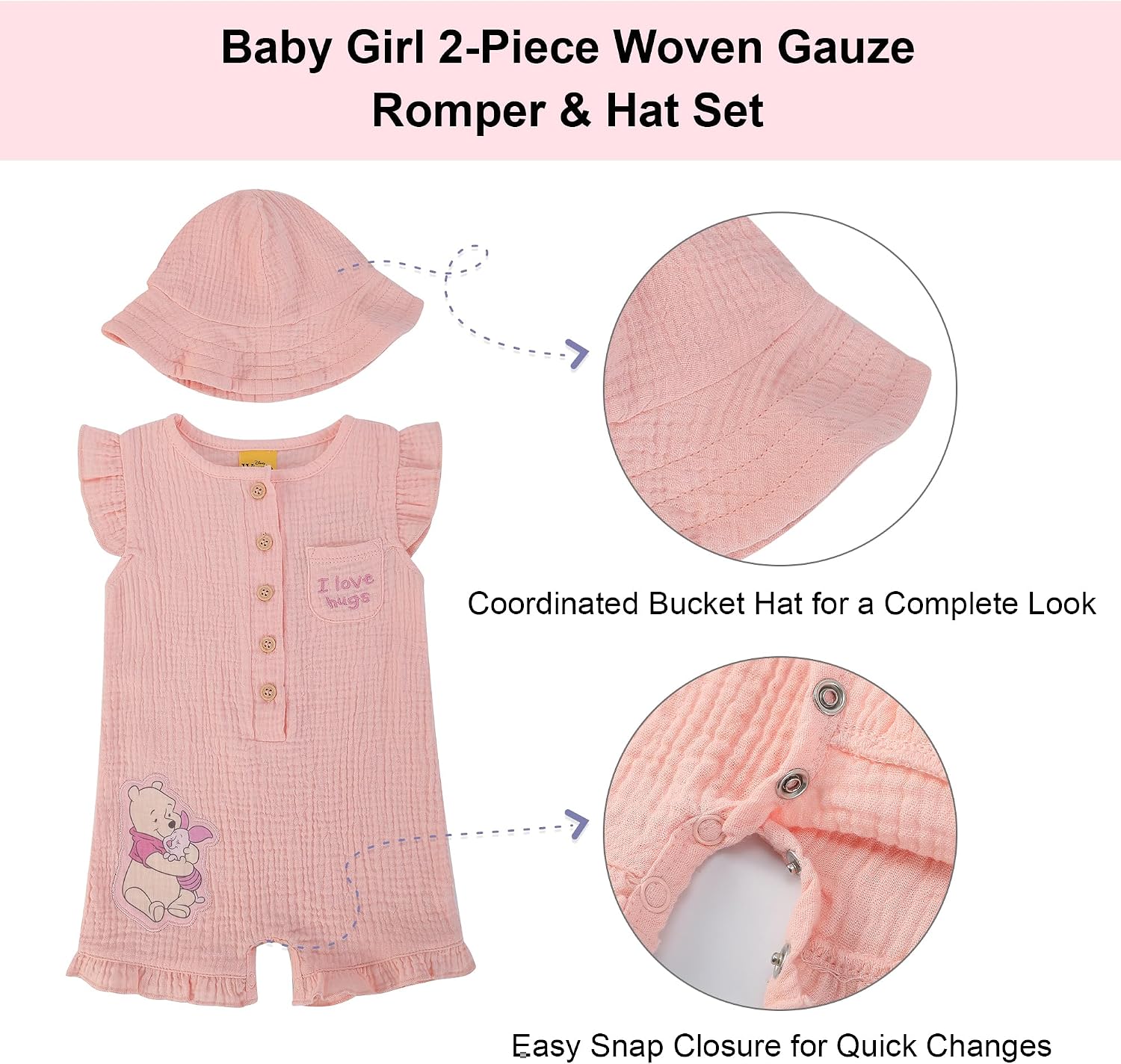 Magic Threadz Disney Clothes Baby Girls Woven Gauze Romper with Hat, Minnie Mouse & Winnie the Pooh, Infant Outfit (0–9M)