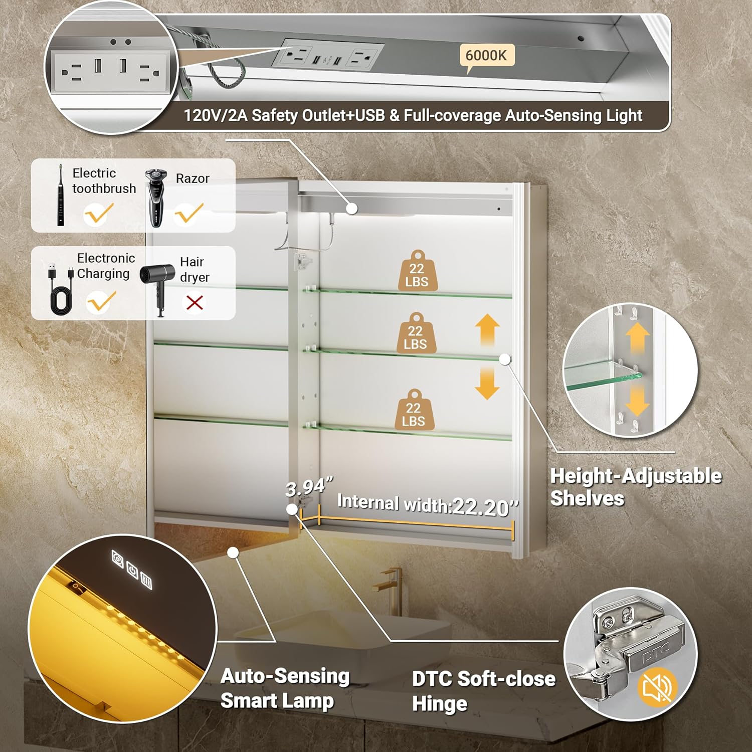 Comparison of mirror with and without anti-fog function activated, showing the defogger icon.