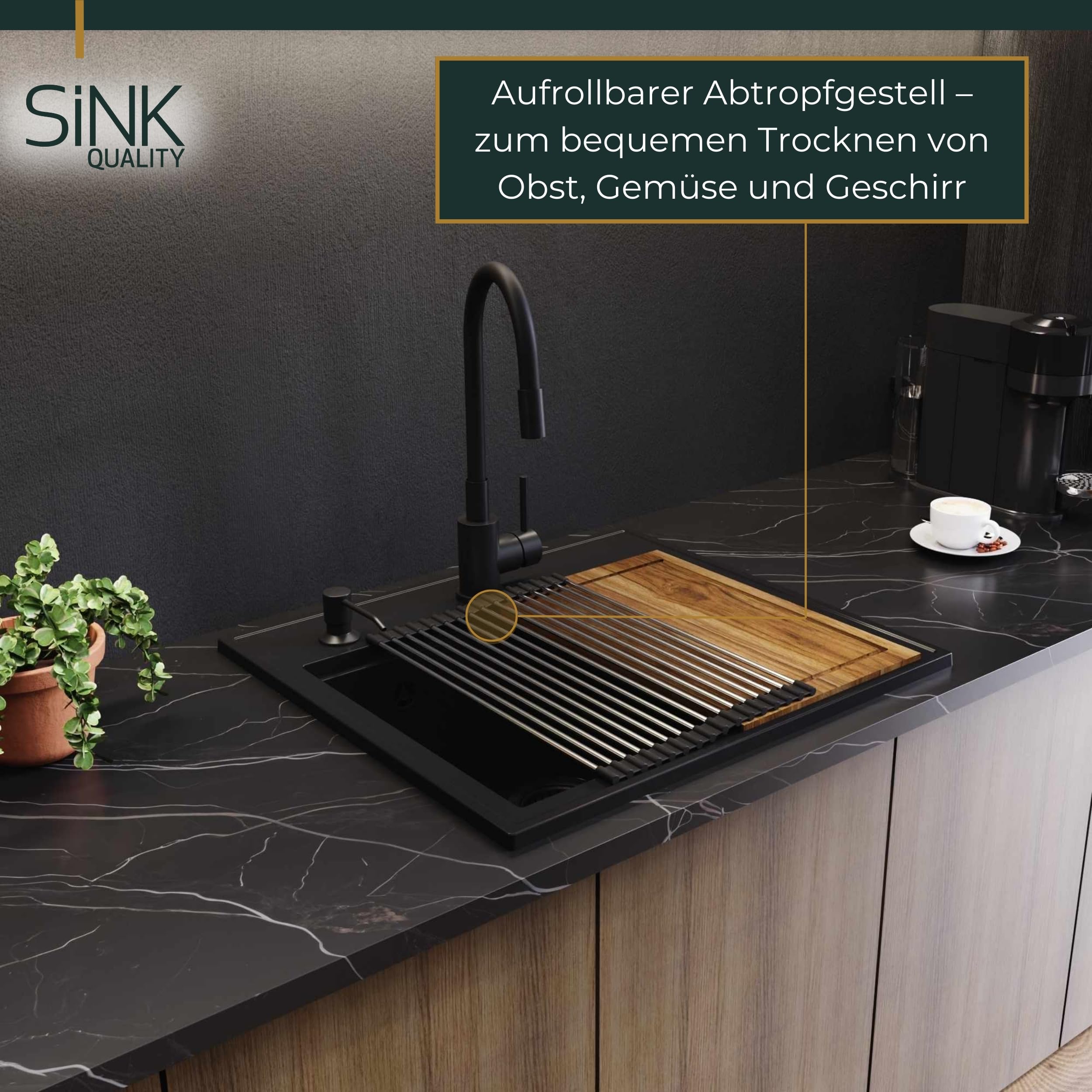 SINK QUALITY Spülbecken Alles Schwarz 56x51cm - Granitspüle mit Siphon Schwarz und Imprägnierung - Spüle für Unterschränke ab 60 cm Breite - Einzelbecken Einbauspüle - Waschbecken für Küche