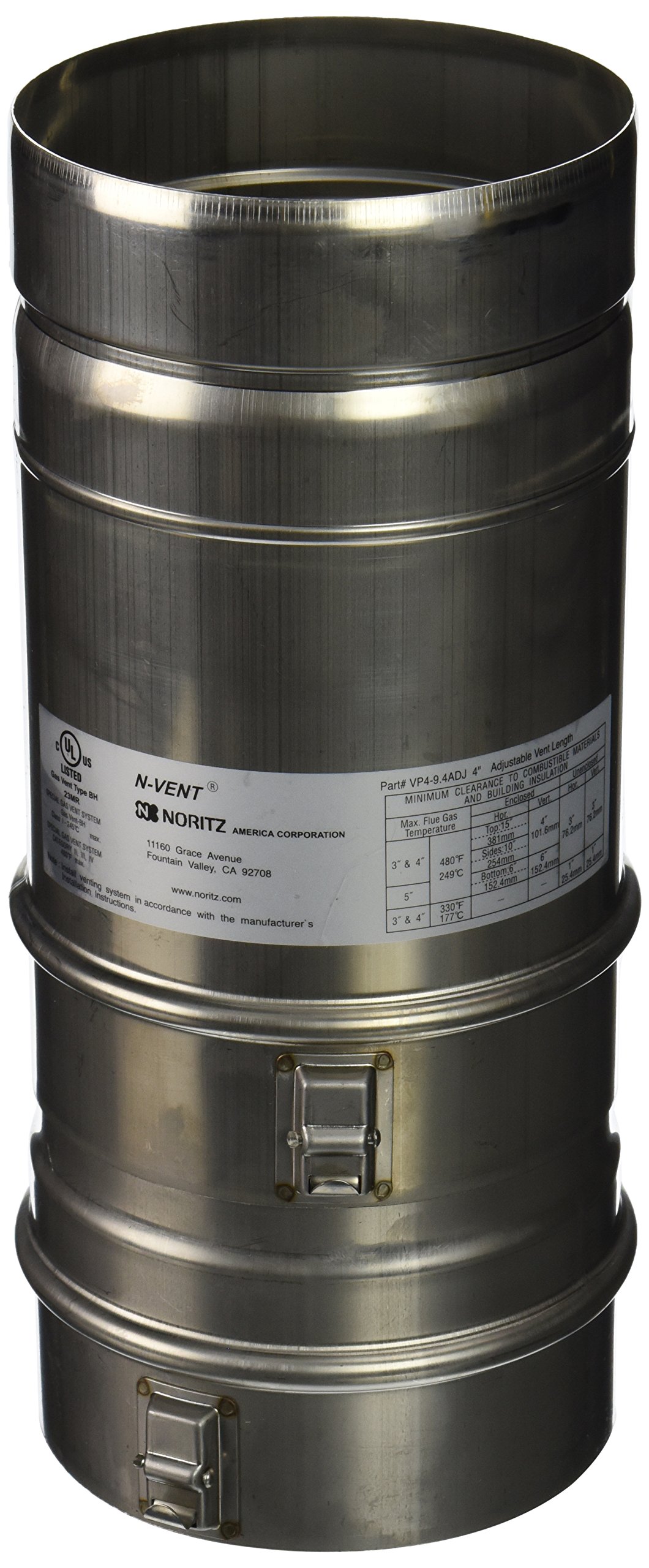 7"-9.4" Adjustable vent pipe for 4" Stainless Steel by Noritz – 4.75" H x 5.13" W x 9.88" D, Stainless Steel, Iron, Model VP4-9.4ADJUST