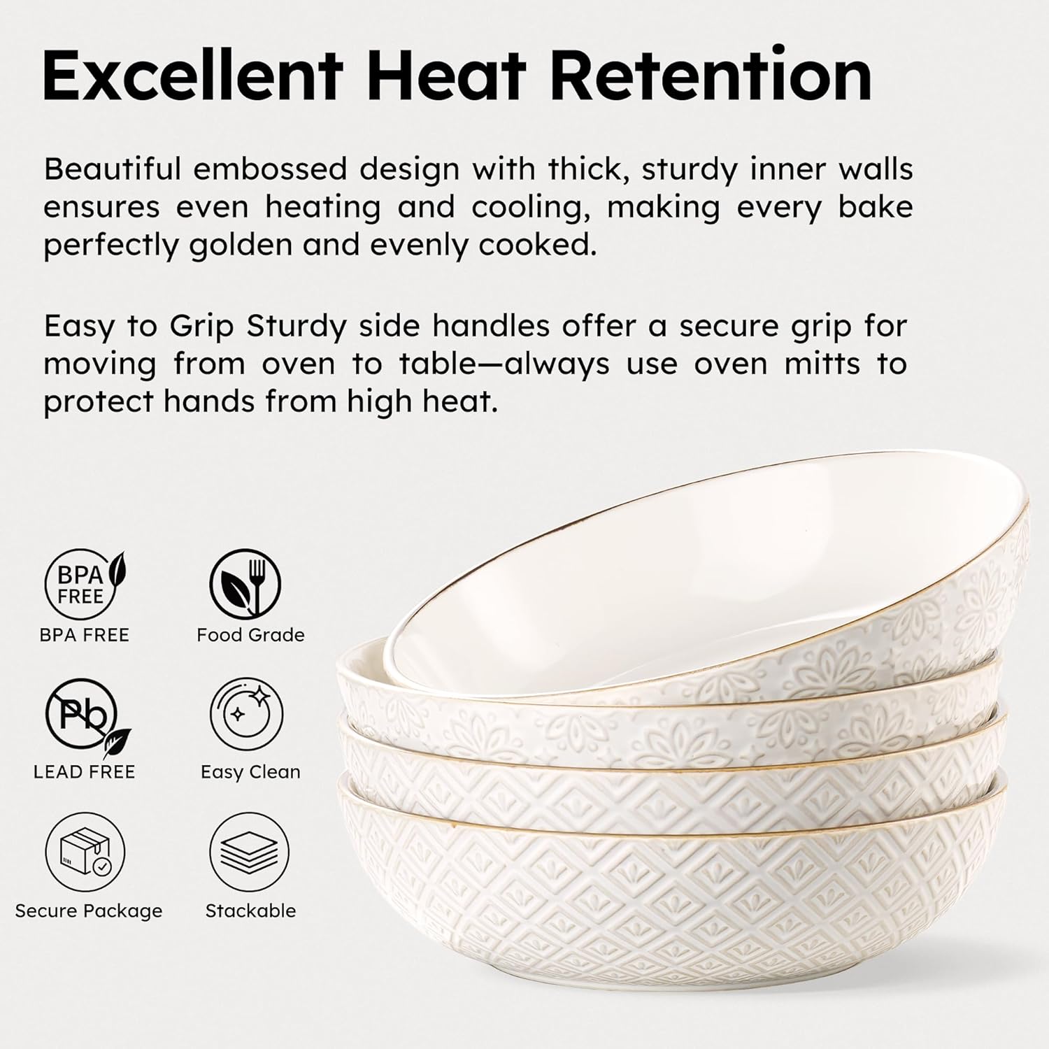 36 oz Pasta Bowl Set of 4 with Embossed Reactive Glaze, 8.5" Arctic white Ceramic Dinner Bowls, for Pasta, Fruits, Salad, Noodle, Microwave & Dishwasher Safe, Housewarming Gift