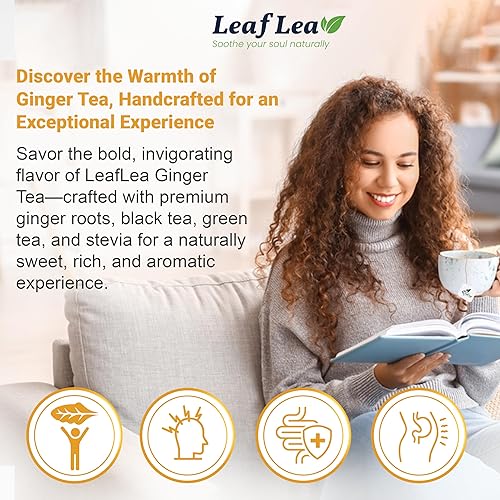 Miniatura 4 de LeafLea - Té verde y raíz de jengibre natural, calmante, endulzado con estevia, mezcla que favorece la digestión y la inmunidad, bajo en cafeína,