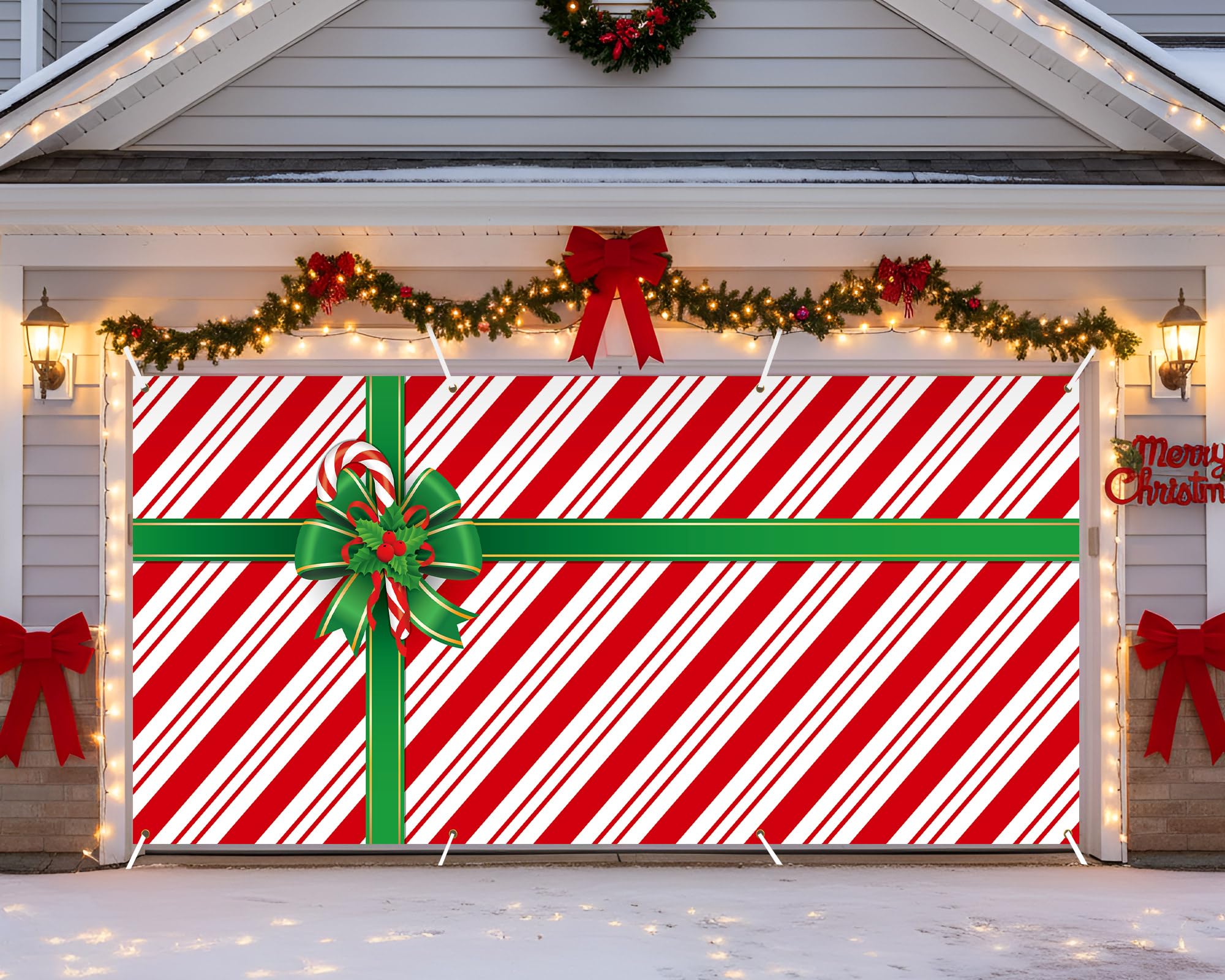 16 x 7Ft Christmas Garage Door Banner Decoration Magnetic Garage Door Covers Large Christmas Backdrop Decorations for Indoor Outdoor Xmas Party(Xmas Candy)