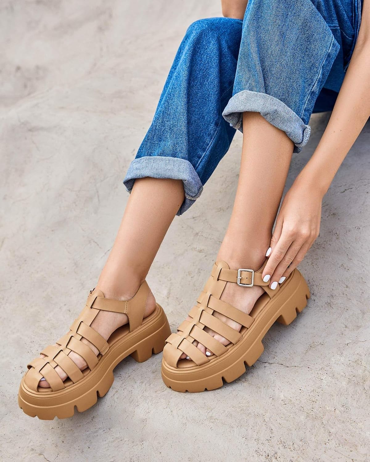 Coutgo Womens Platform Chunky Heels Sandals Gladiator Ankle Strap Heels Lug Sole Summer Fisherman Y2K Shoes - Image 3