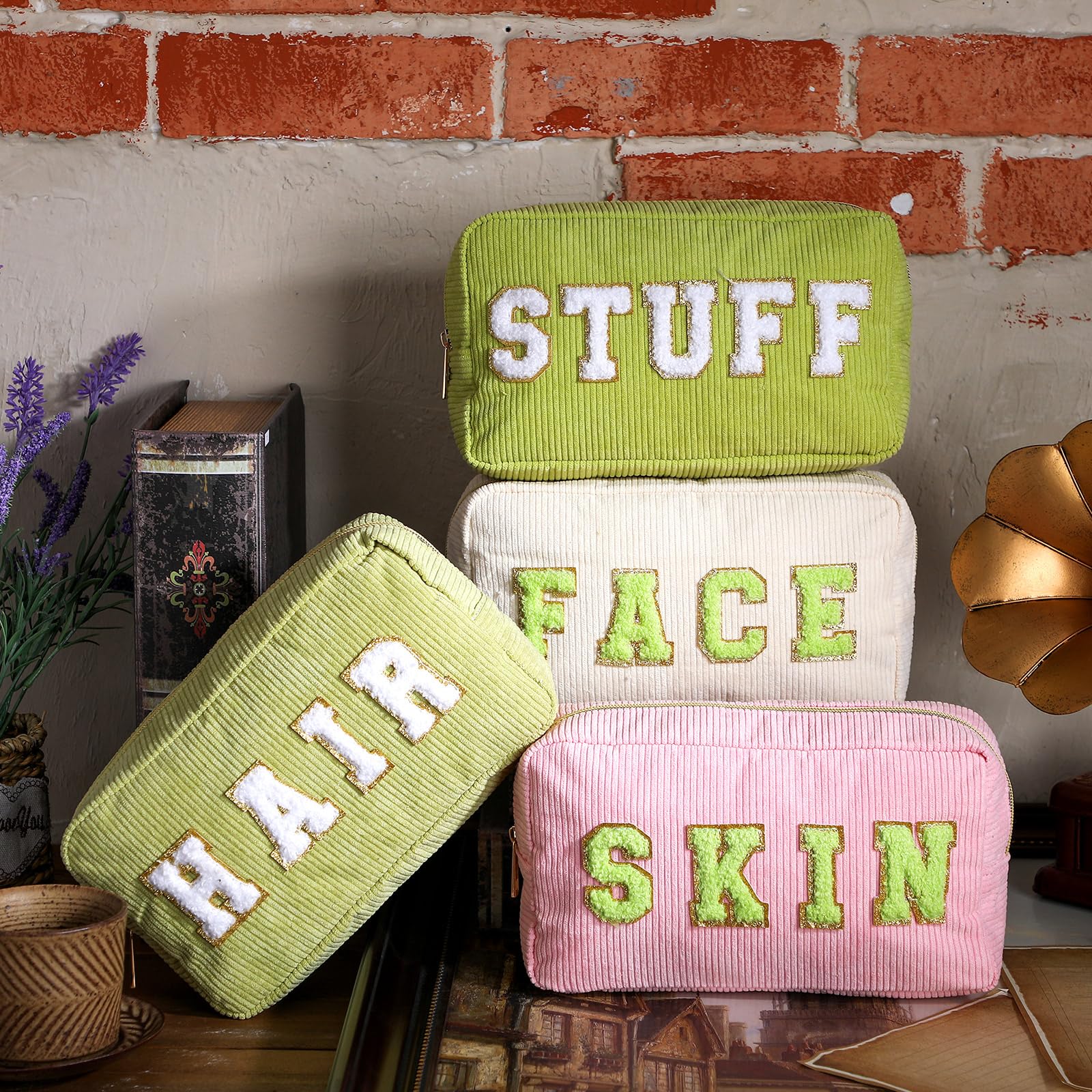Pinkunn 4-Piece Chenille Letter Cosmetic and Toiletry Bags