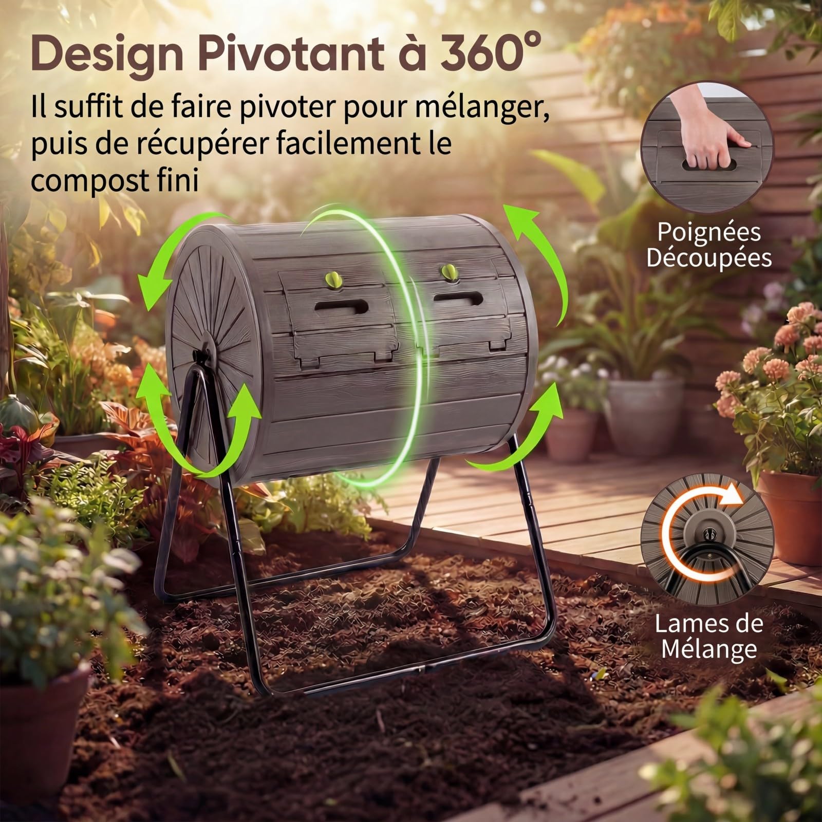 GYMAX Composteur 142L Rotatif à 360°, Bac à Compost Extérieur à Deux Compartiments, avec Portes Verrouillables et Socle Métallique, pour Déchets Alimentaires et Jardinage (Noir)