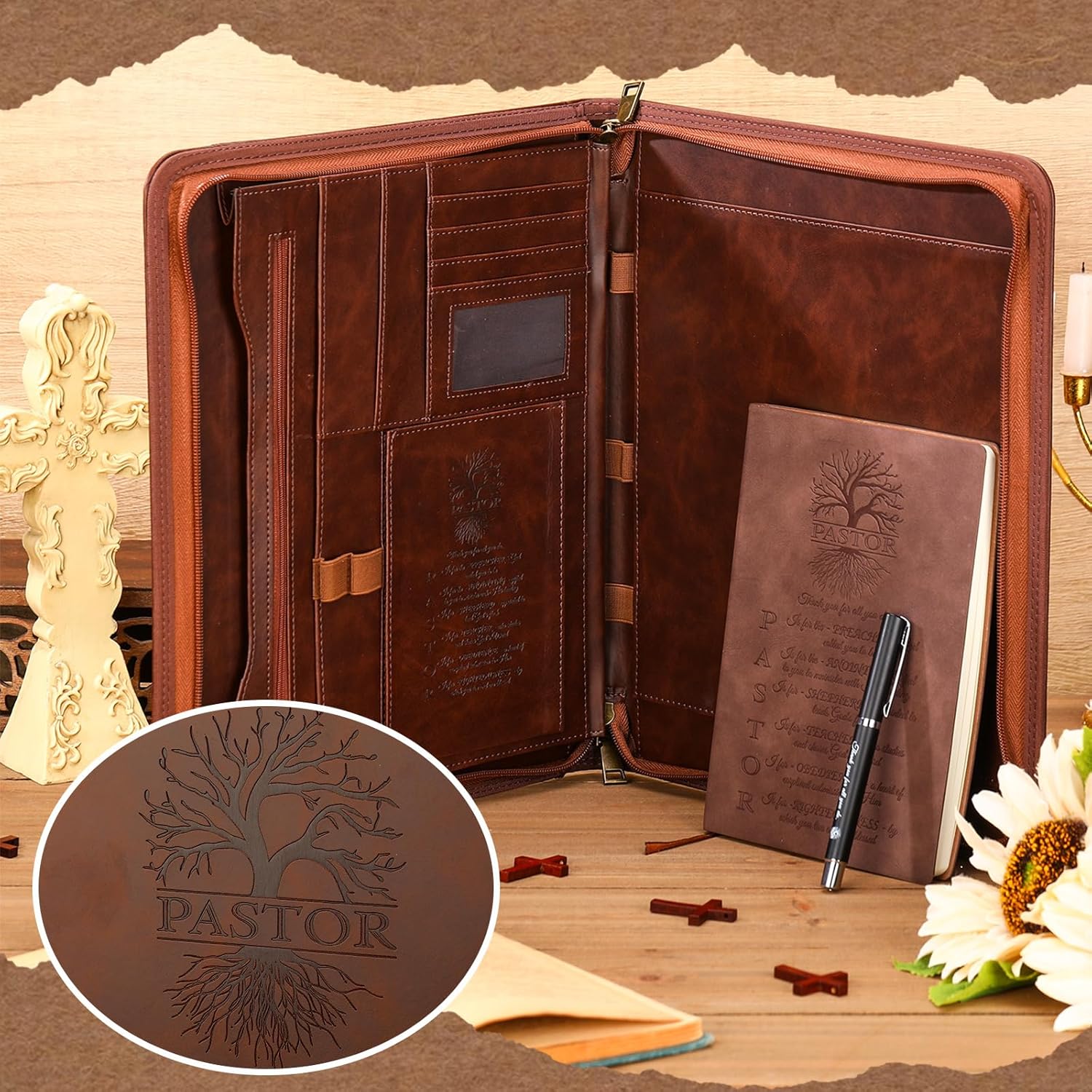 Fuyoooo 3 Pcs Father's Day Christian Gifts for Church Men Pastor's Appreciation Gifts Leather Bible Verse Portfolio Scripture Notebook Bible Pen Religious Coworkers Pastor(Pastor)