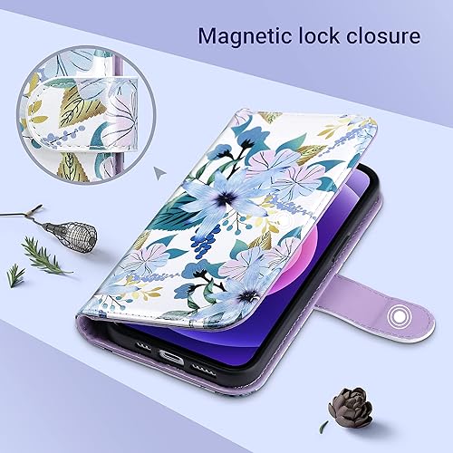 Miniatura 8 de ULAK Funda tipo cartera compatible con iPhone 13 Pro para mujer, diseño de flores de jardín, funda de piel sintética con tarjetero y función atril