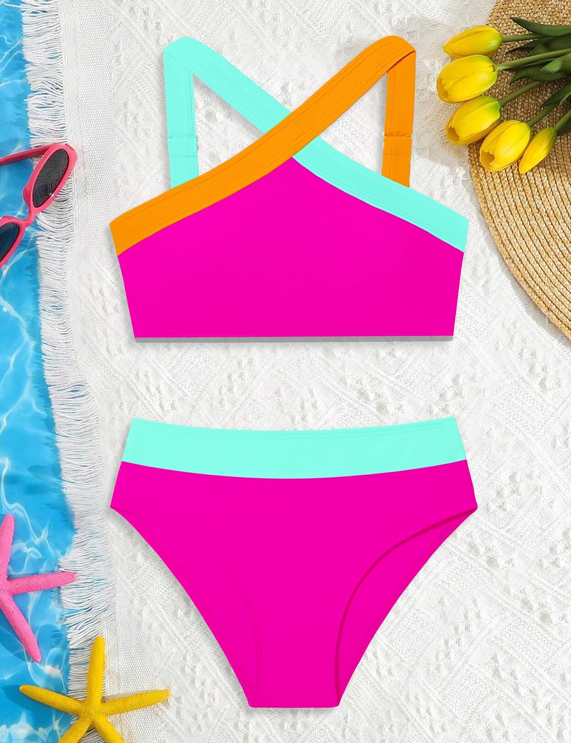 Girls Swimsuits 2 Piece Bikinis Set Colorblock Bathing Suits Criss Cross Strap Girls' Swimwear - Image 6
