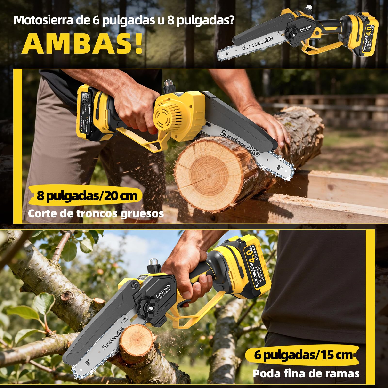 8 y 6 Pulgadas Mini Motosierra Bateria 8000mAh - 21V Sierra Electrica Podar Arboles, Sin Escobillas, Ajuste Sin Herramientas, Motosierra Electrica Pequeña de Mano podar Arboles