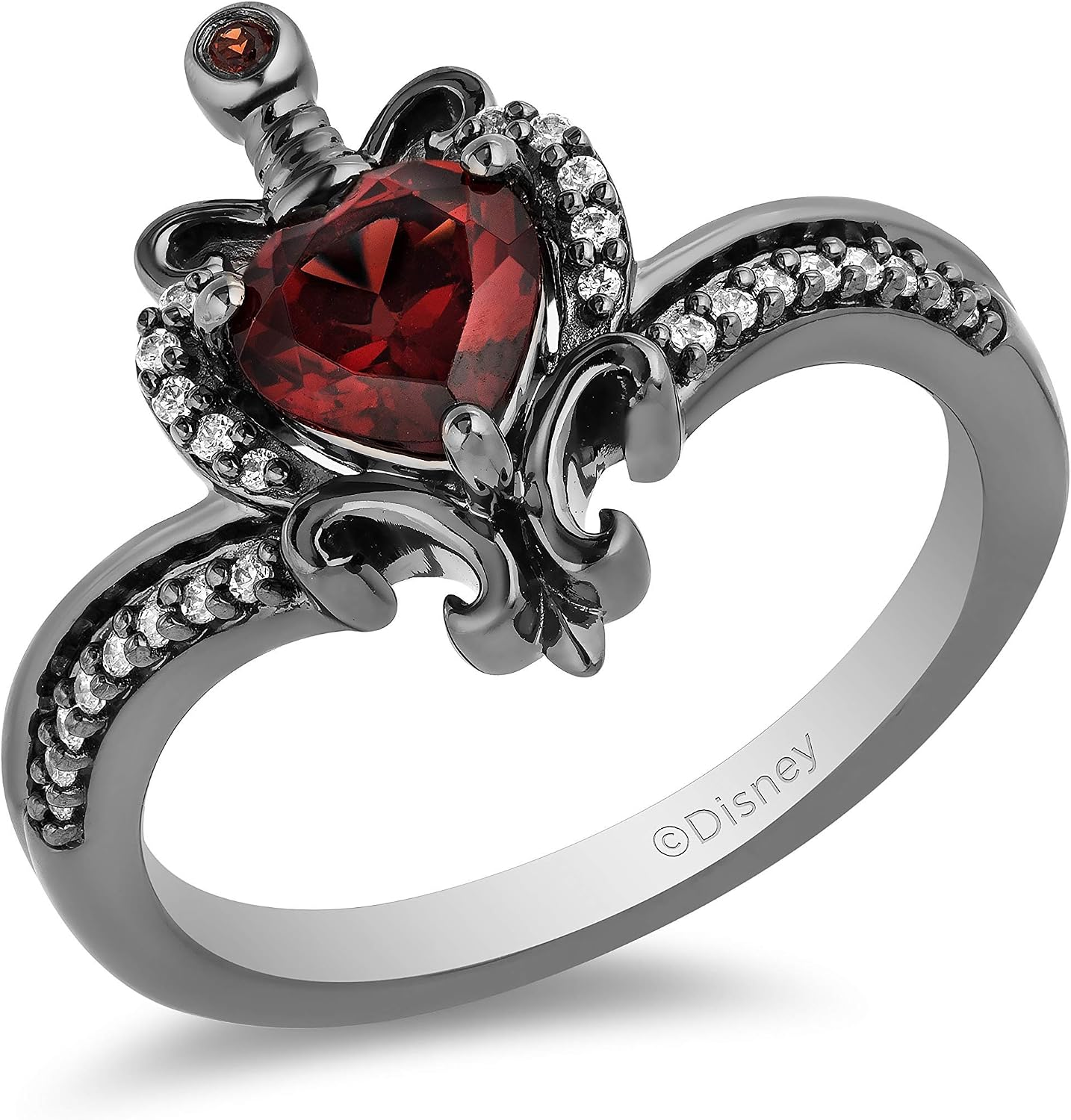 Jewelili Enchanted Disney Fine Jewelry Black Rhodium over Sterling Silver with 1/10 Cttw Diamonds and Red Garnet Evil Queen Dagger Ring