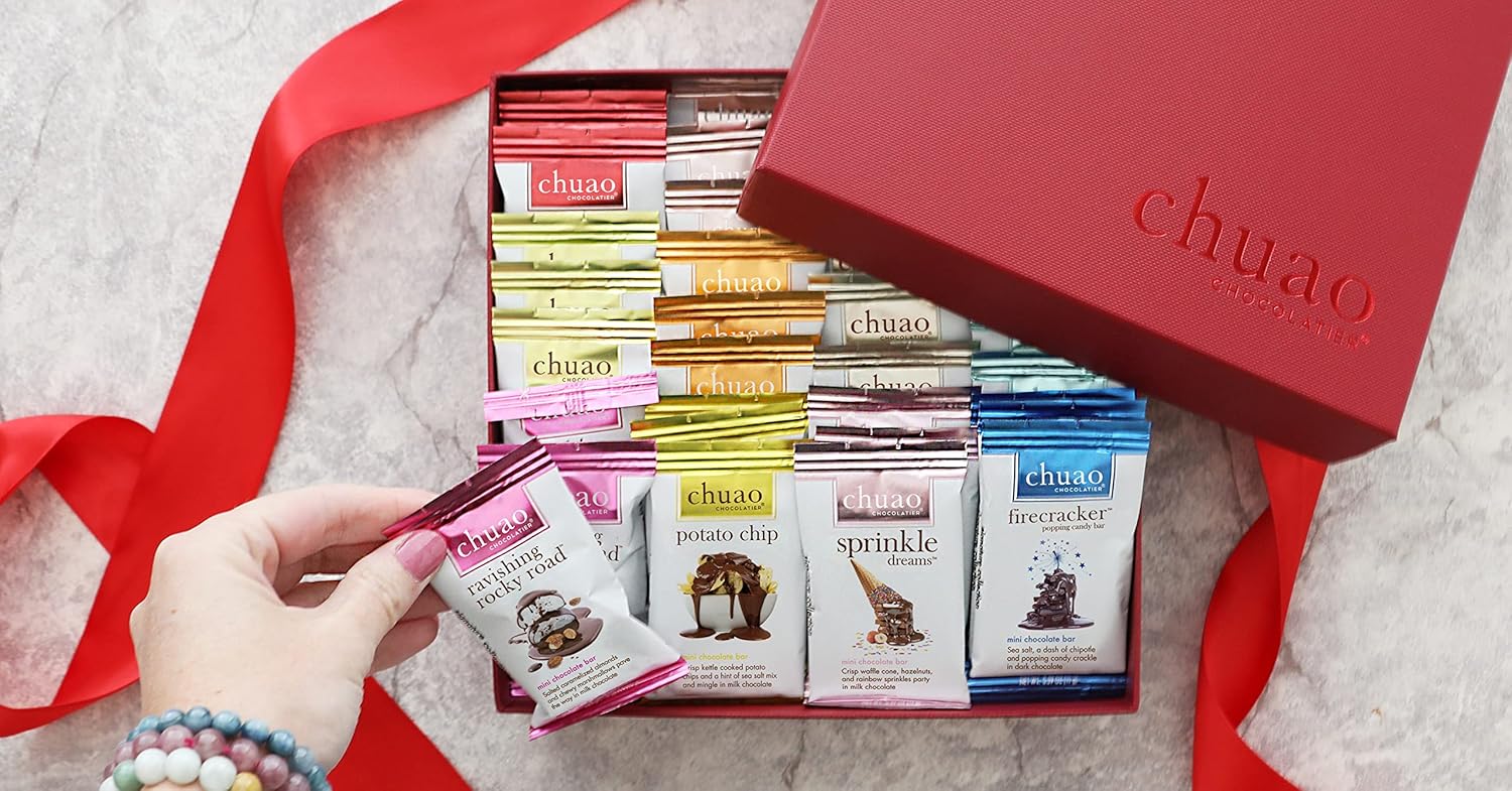 Chuao Chocolatier Share the Love Assorted Milk and Dark Mini Gourmet Chocolate Bars Gift Box | Sampler For Holiday, Birthday, Thank You, Corporate Gift Baskets | 36 Bars, 0.39 oz Each
