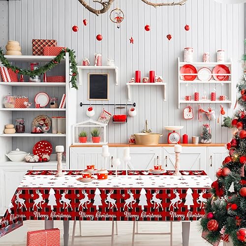 Miniatura 6 de Mantel de plástico con texto en inglés "Merry Christmas", diseño de copos de nieve a cuadros rojos y negros, mantel rectangular de Navidad para