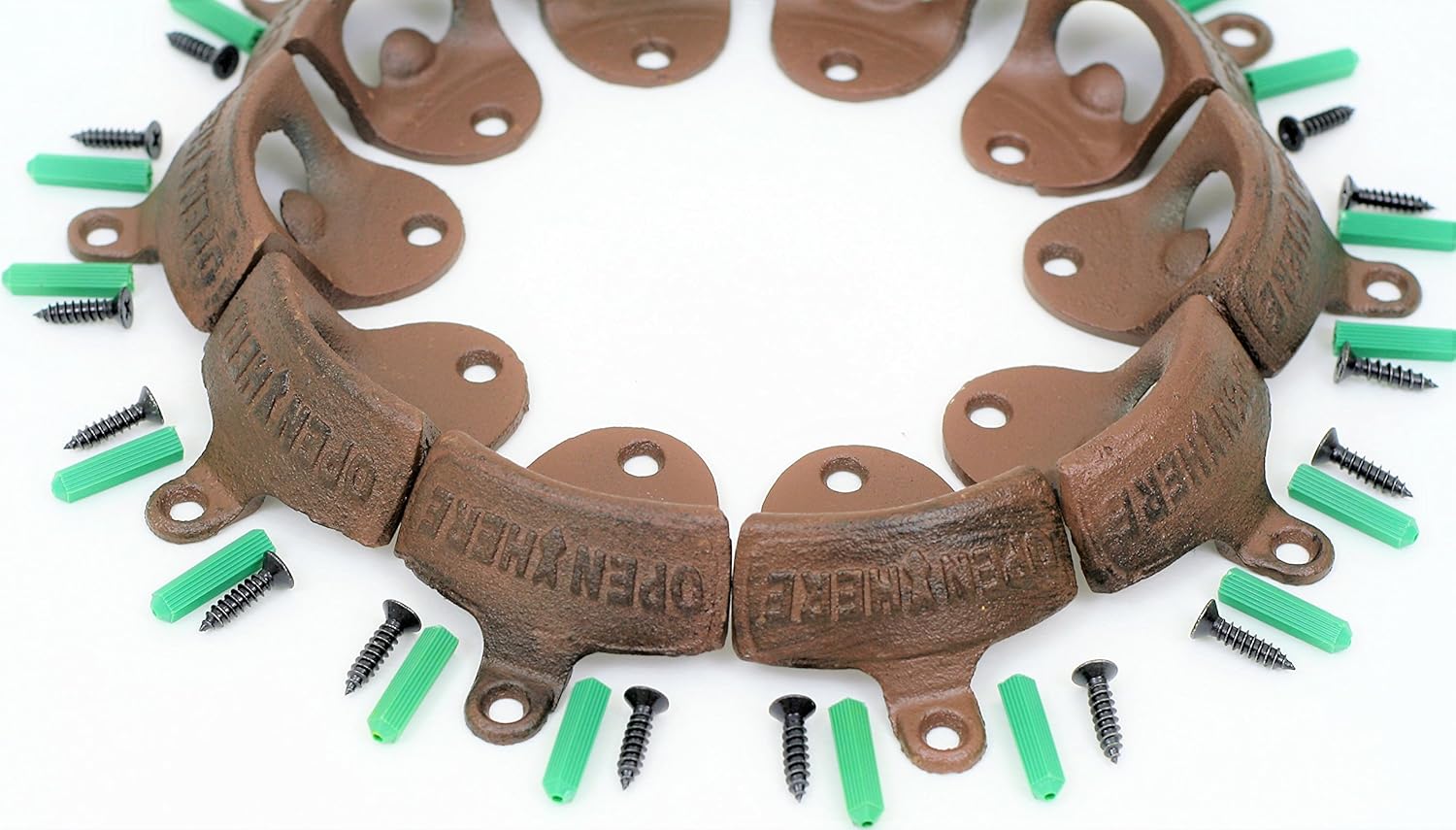10 Bottle Openers "Open Here" Cast Iron Wall Mount Vintage Look includes mounting screws and anchors