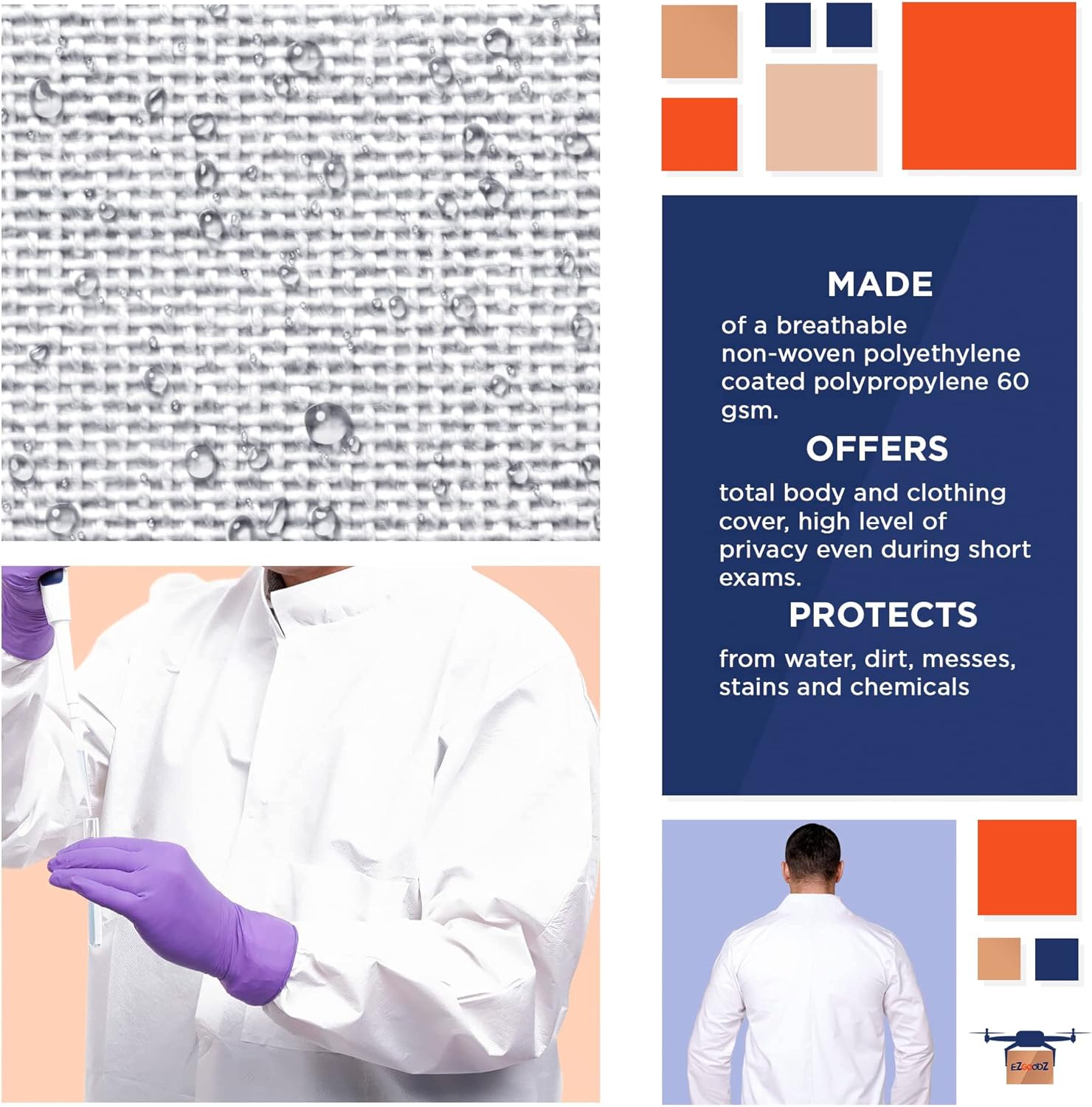 EZGOODZ White Disposable Lab Coat Medium Size, 39" Long, Pack of 60 Unisex Disposable Lab Coats for Adults with Stand-Collar, Elastic Wrists, 60 gsm Polypropylene Painting Lab Coat Disposable