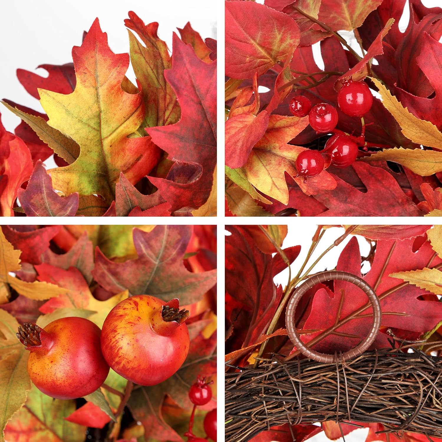 Briful 24 Inch Fall Wreaths for Front Door Artificial Autumn Maple Leaf Wreath with Red Berries & Pomegranate Outdoor Fake Hanging Wreath for Harvest Thanksgiving Home Mantle Window Porch Decor