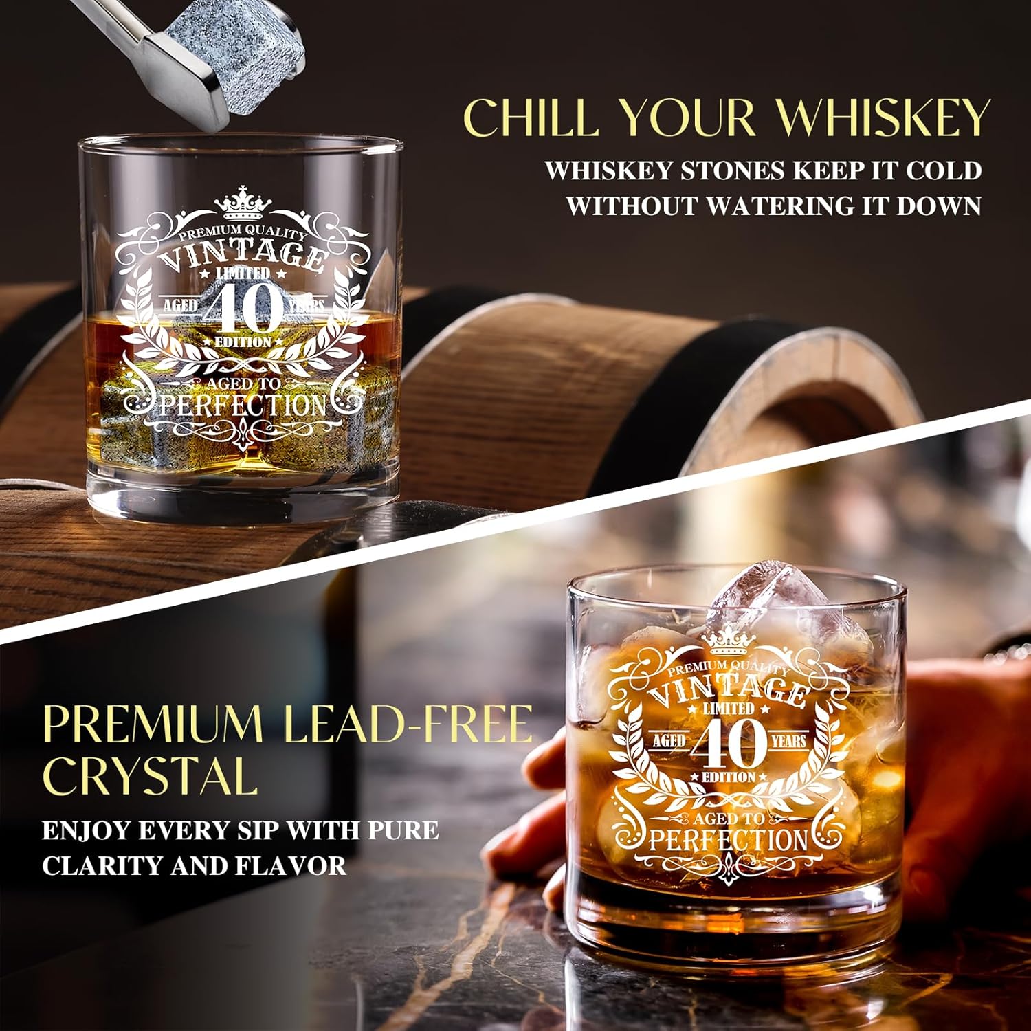 40th Birthday Gifts for Men Whiskey Glass Set, 40th Birthday Party Supplies with 11 Oz Whiskey Glass Coaster Stone Baseball Cap Apron Sock Toilet Paper Keychain for Him, Dad, Husband, Friends - Image 4