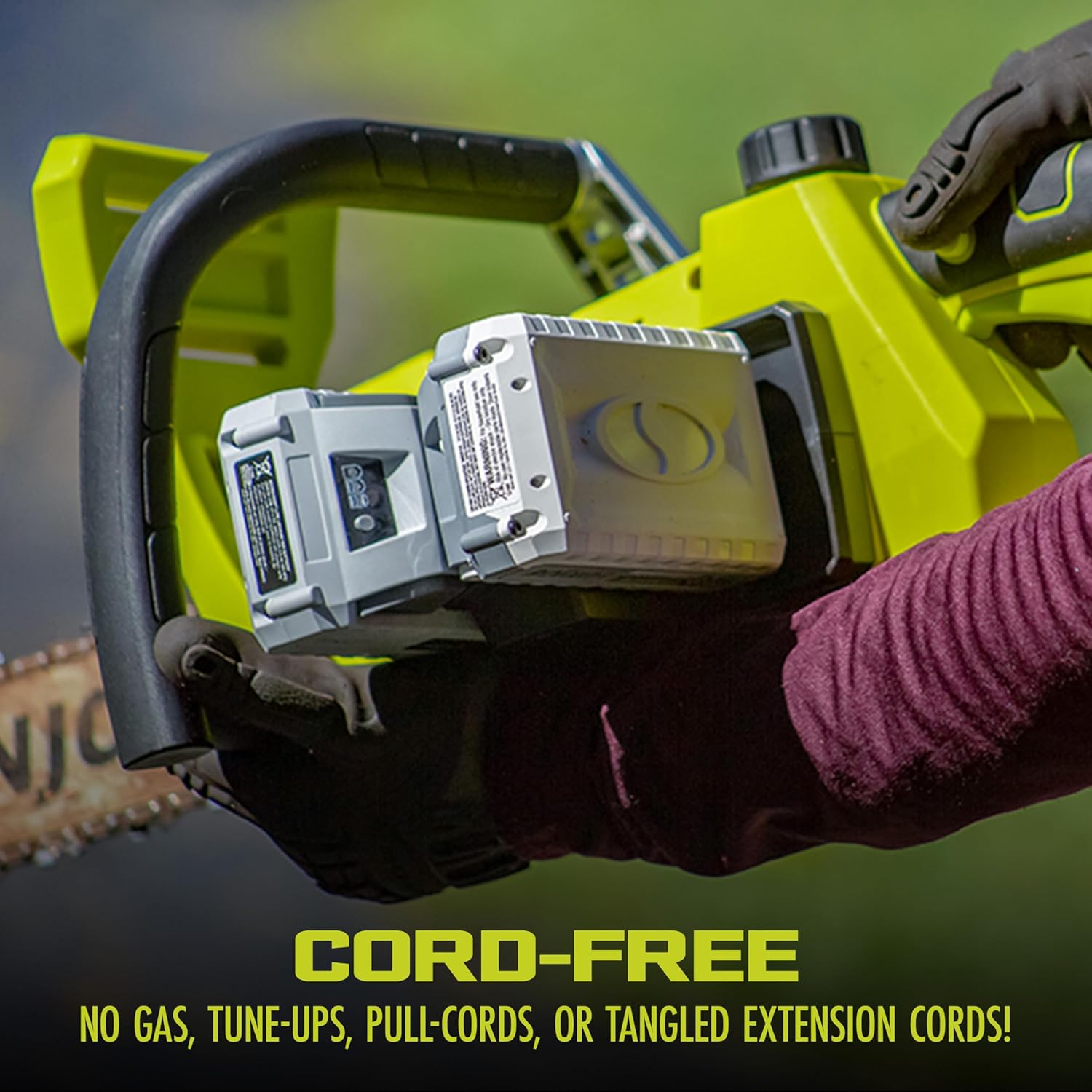 Close-up of the Sun Joe chainsaw's battery compartment with two batteries inserted, showing 'CORD-FREE' text overlay.