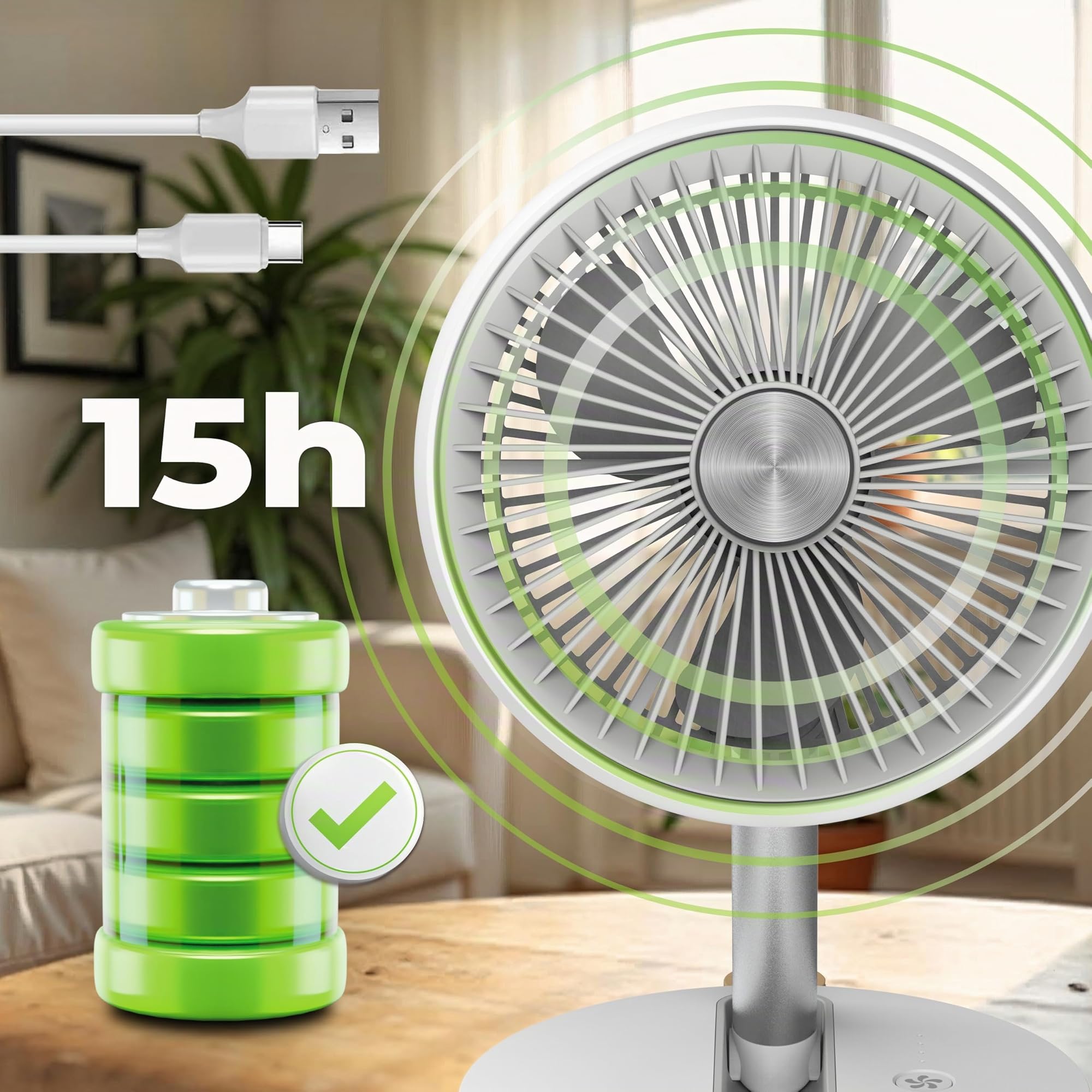 Tischventilator Sehr Leise Ø 19cm USB Ventilator Akku 15h Table Fan FlexiGo Faltbar 4 Modi 400 m³/h 180° Verstellbar Ventilator Camping & Büro Weiß