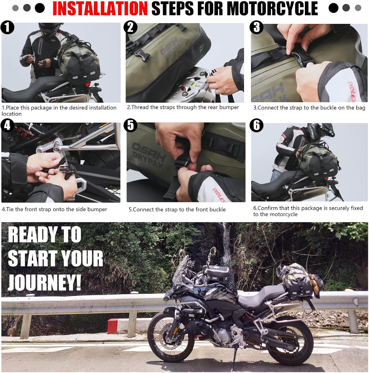 Waterproof Duffel Bag - Motorcycle Dry Bag 40L Tail Bag with Large Storage Space, Waterproof Duffle Bags with Outer Mesh Zipper Pocket for Camping, Kayaking, Fishing & Traveling-Green - Image 5