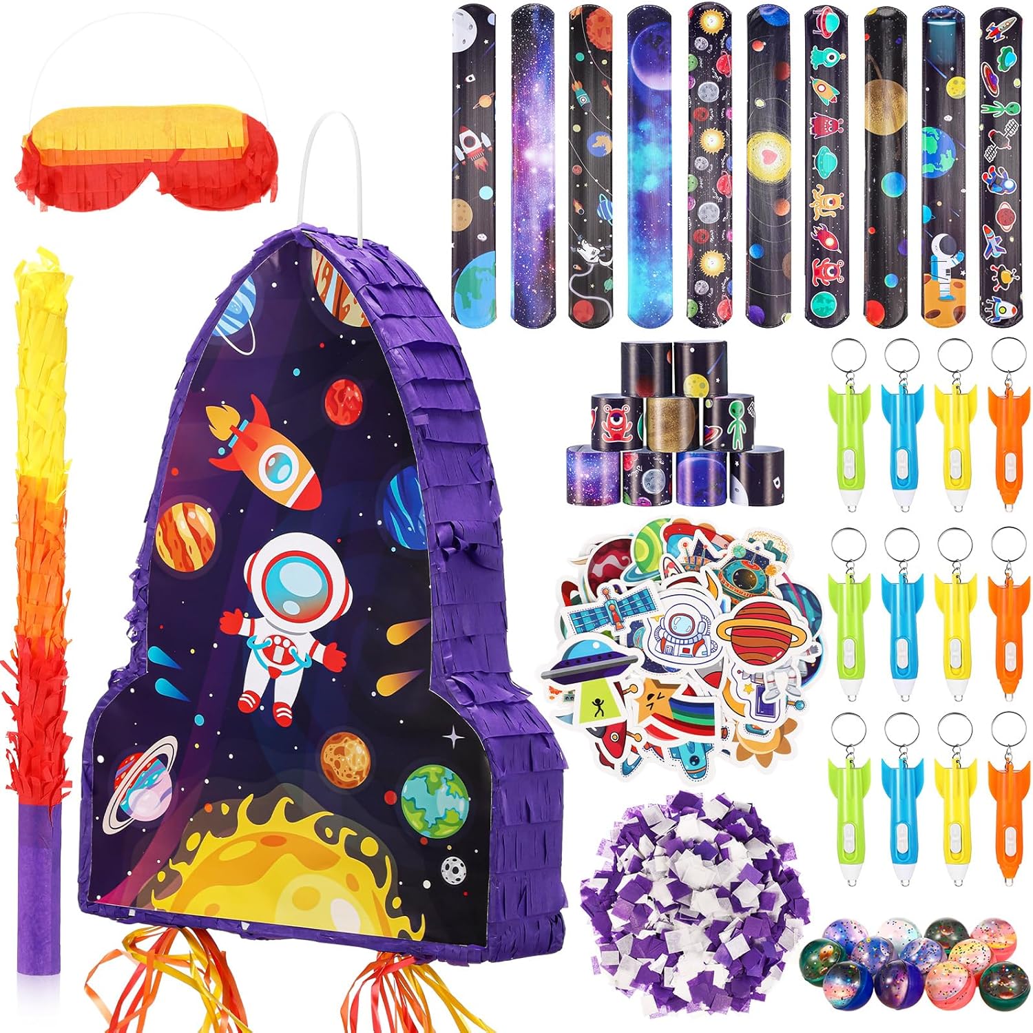 Meooeck 90 Pcs 16 x 12 x 3 Rocket Ship Piñata with Blindfold Piñata Stick Confetti Set, Outer Space Party Favors Include Slap Bracelet Sticker Bouncy Ball Flashlight Keychains