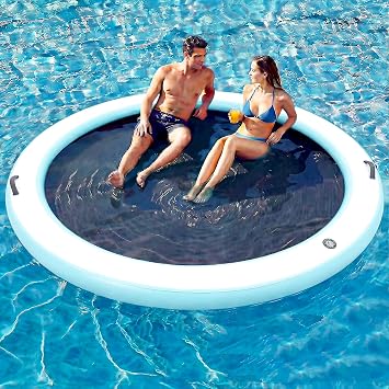 6-12FT Round Inflatable Floating Dock, Sunchill Float Ring, Water Hammock Tanning Pool Floats with Woven Fabric, Manual Pump for Quick Inflate/Deflate, Fits 2-8, Ideal for Lakes, Oceans