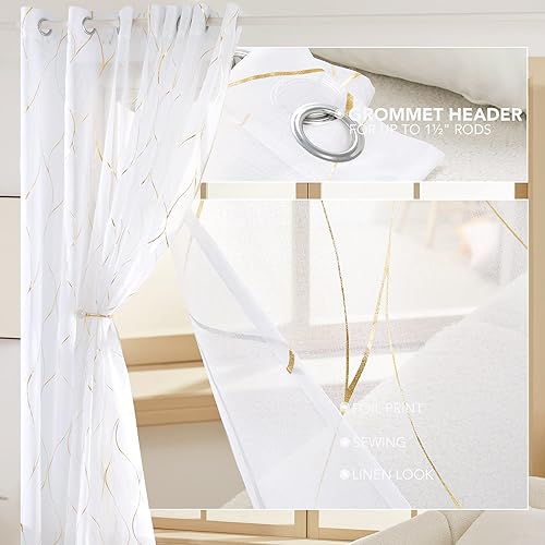 Miniatura 9 de Deconovo - Cortinas translúcidas con patrón de ondas impresas en lámina de aluminio, con aspecto de lino, juego de 2 paneles de cortinas de gasa