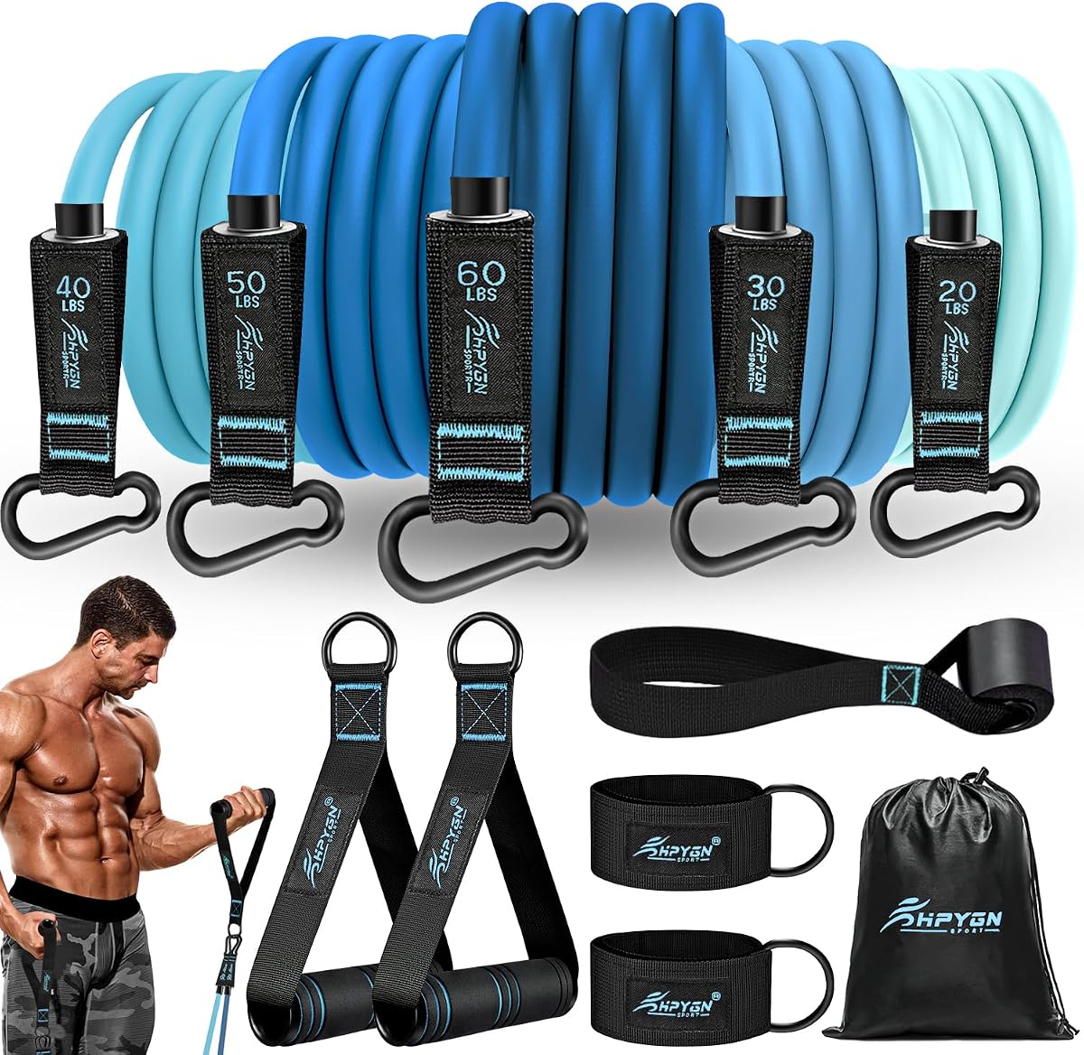 HPYGN Bandas de Resistencia, Bandas de Ejercicio con Asas, Bandas de Fitness, Bandas de Entrenamiento con Anclaje de Puerta y Correas de Tobillo, para Entrenamiento de Resistencia Pesada, Fisioterapia, Shape Body, Yoga, Set de Entrenamiento en Casa