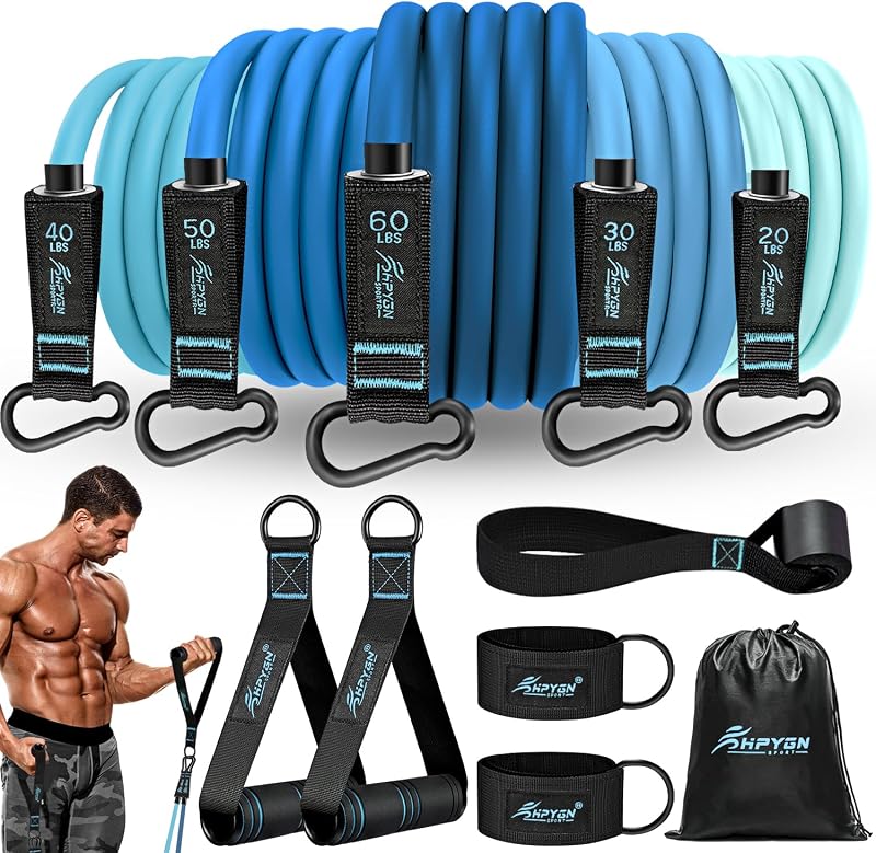 HPYGN Bandas de Resistencia, Bandas de Ejercicio con Asas, Bandas de Fitness, Bandas de Entrenamiento con Anclaje de Puerta y Correas de Tobillo, para Entrenamiento de Resistencia Pesada, Fisioterapia, Shape Body, Yoga, Set de Entrenamiento en Casa