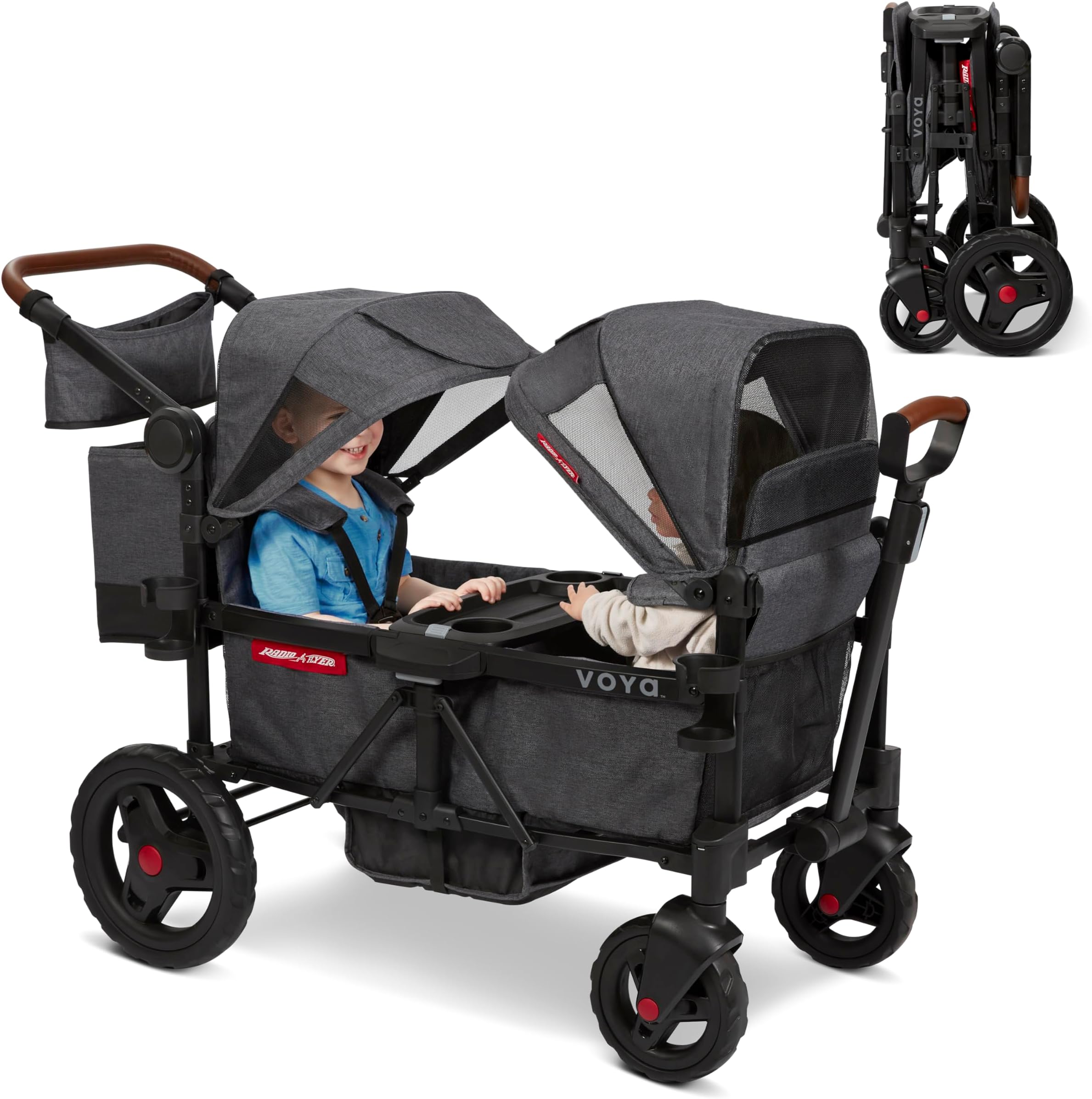 Radio Flyer Voya Stroller Wagon, Double Stroller, 2 High Face-to-Face Seats, Adjustable UV-Protection Canopy, Snack Tray, Gray