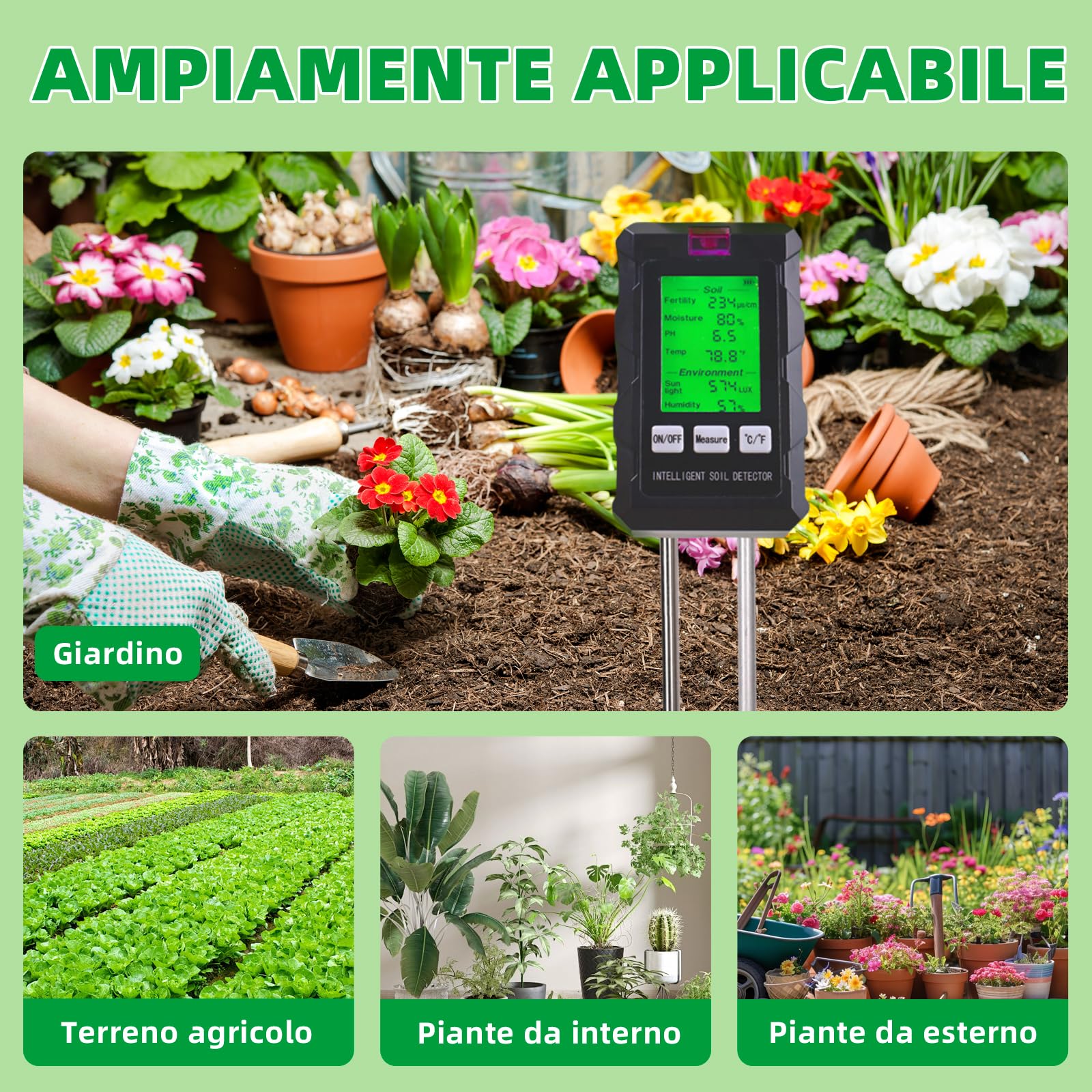 Misuratore PH Terreno 6 in 1,Igrometro Piante con Fertilità del Suolo/Umidità/pH/Temperatura/Luce Solare/Umidità Ambientale,Sensore Umidità Terreno per Giardinaggio,Prato,Agricoltura,Piante da Esterno