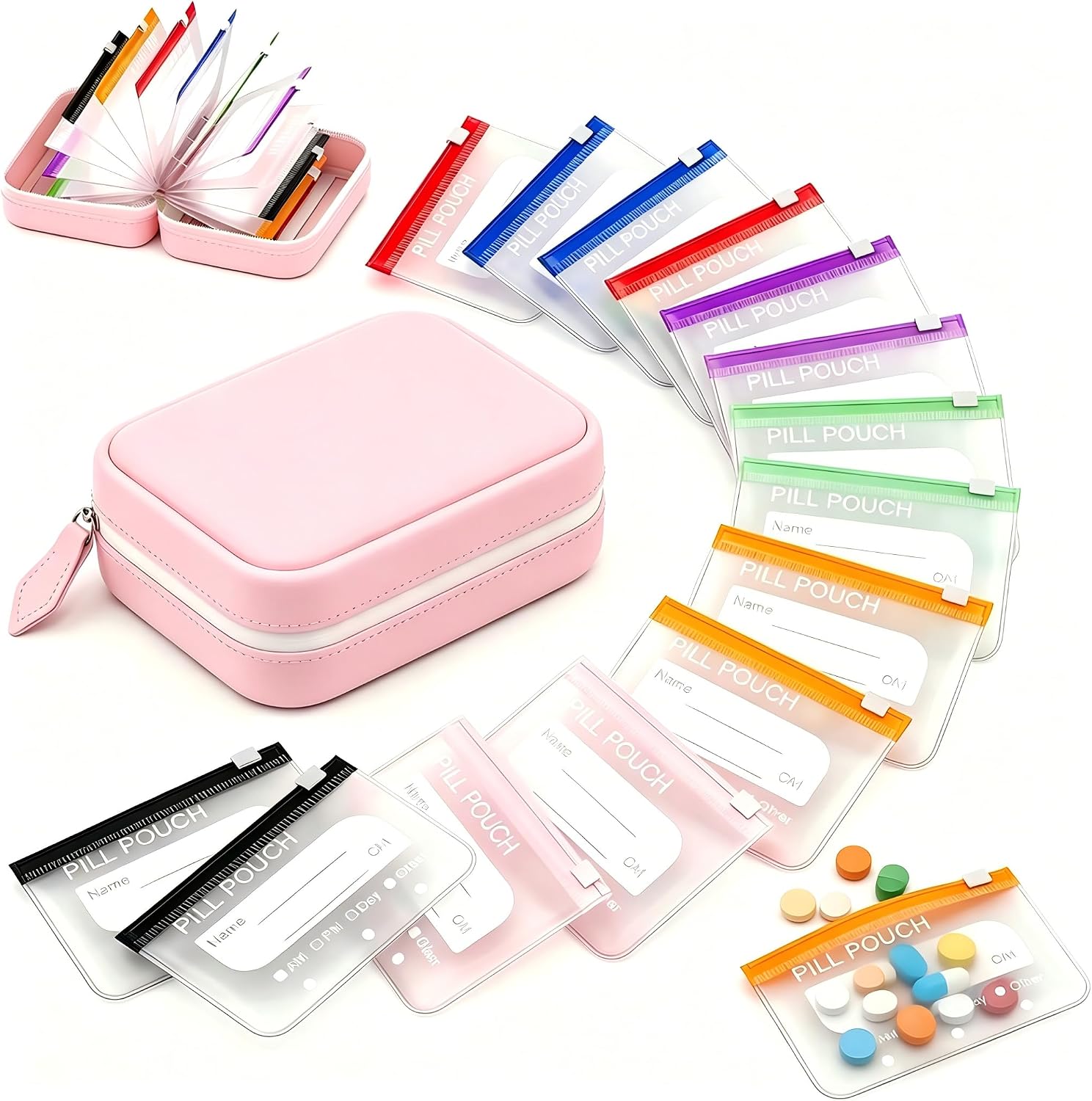 A8 Waterproof Pill Organizer Set, Waterproof Pill Pouch Set, Travel Medicine Organizers,Leakproof Reusable Zippered Storage Case, Compact Daily Pills Holder(14Pcs Pink)