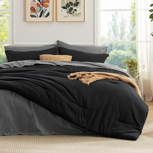 Bedsure Black and Grey Twin XL Comforter Set with Sheets - 5 Pieces Twin XL Bedding Sets, Twin XL Bed in a Bag with Comforter, Sheets, Pillowcase & Sham