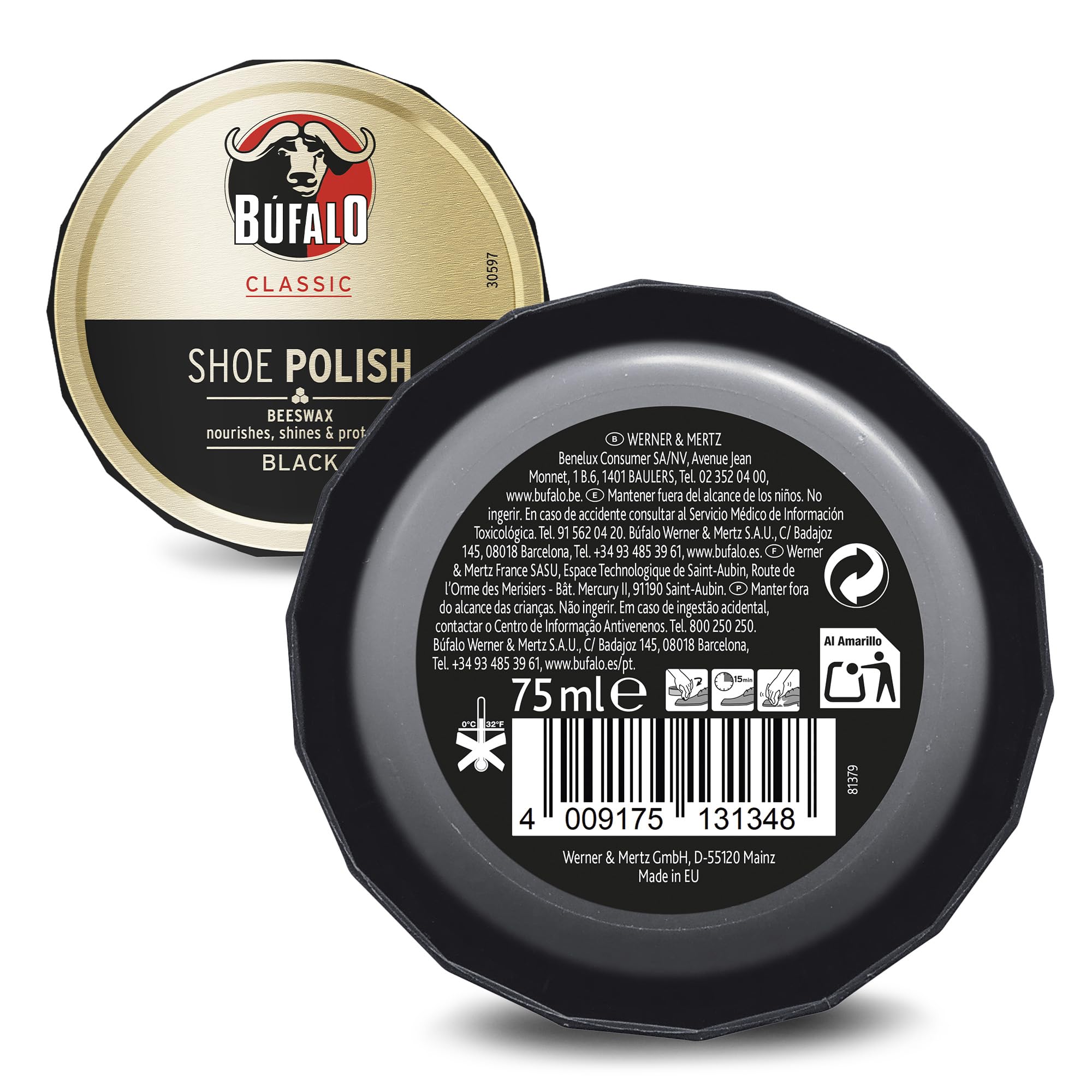 Bufalo Classic Shoe Polish, Betuna for Shoes, Care of Shoes, Cream Black, Protects and Gives Shine, Ideal for Smooth and Rustic Skin, 75 ml Tin